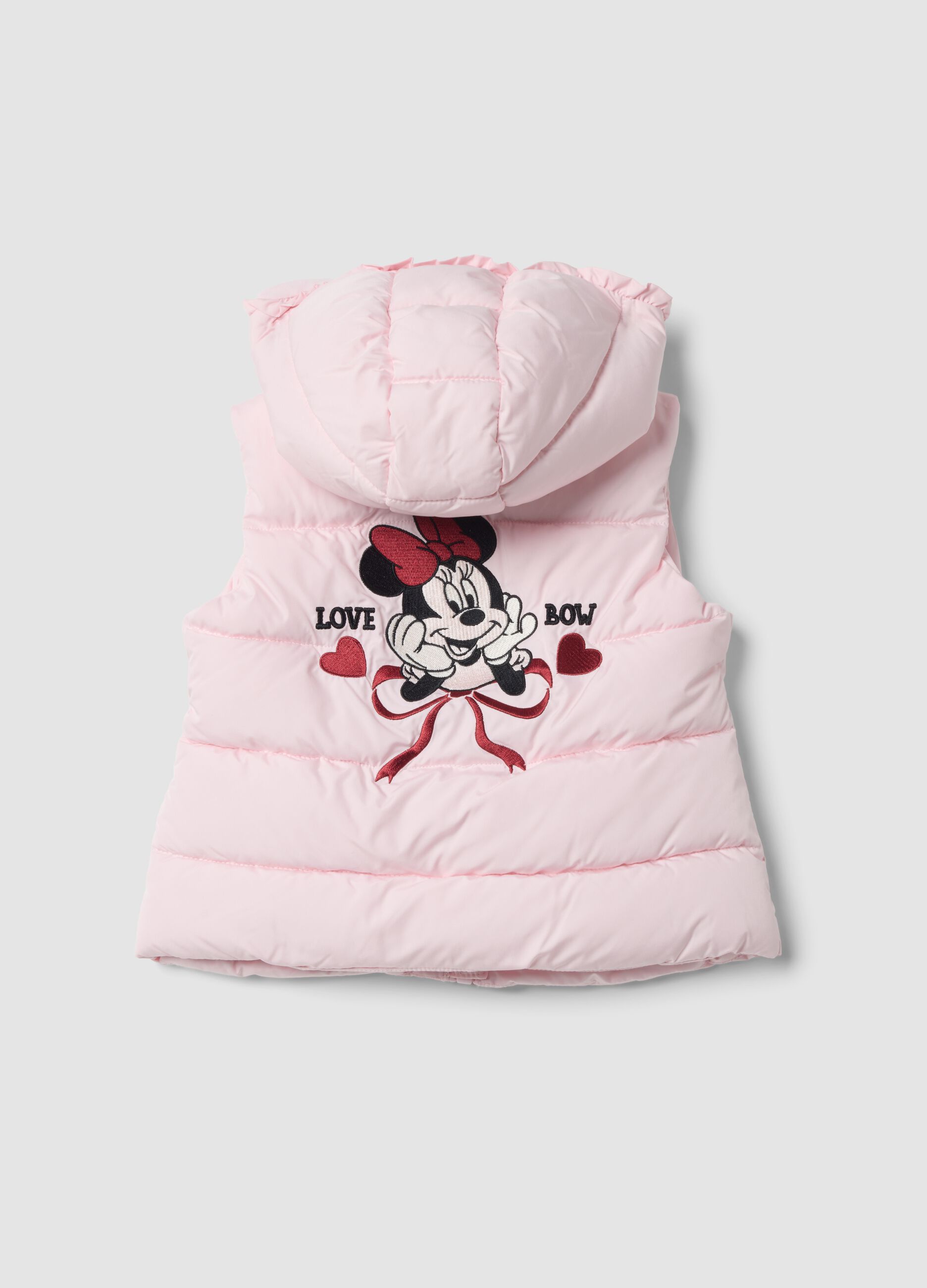 Gilet imbottito rosa con cappuccio e tasche a cuore e ricamo Minnie