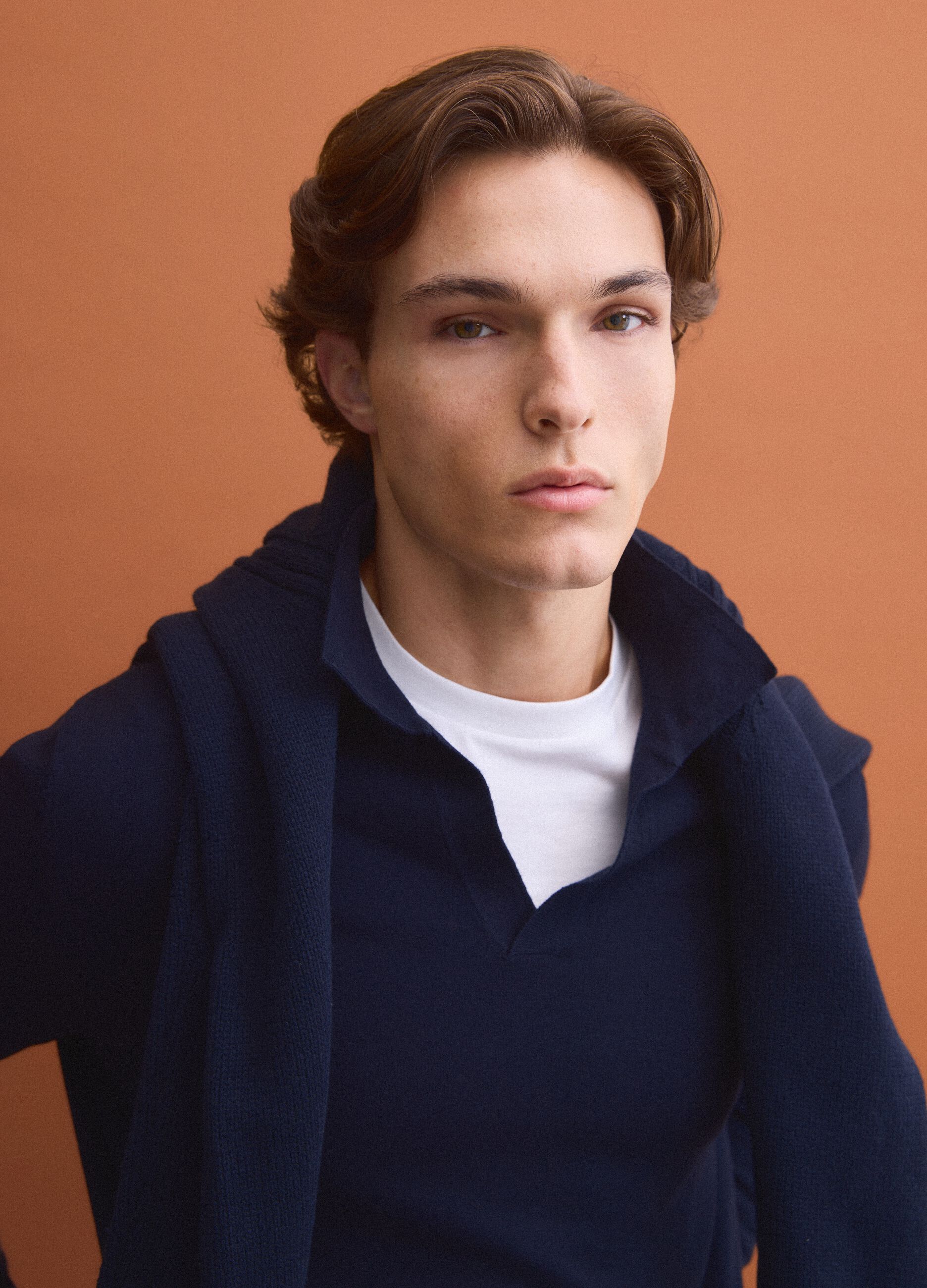 Blue long-sleeve pure cotton polo shirt