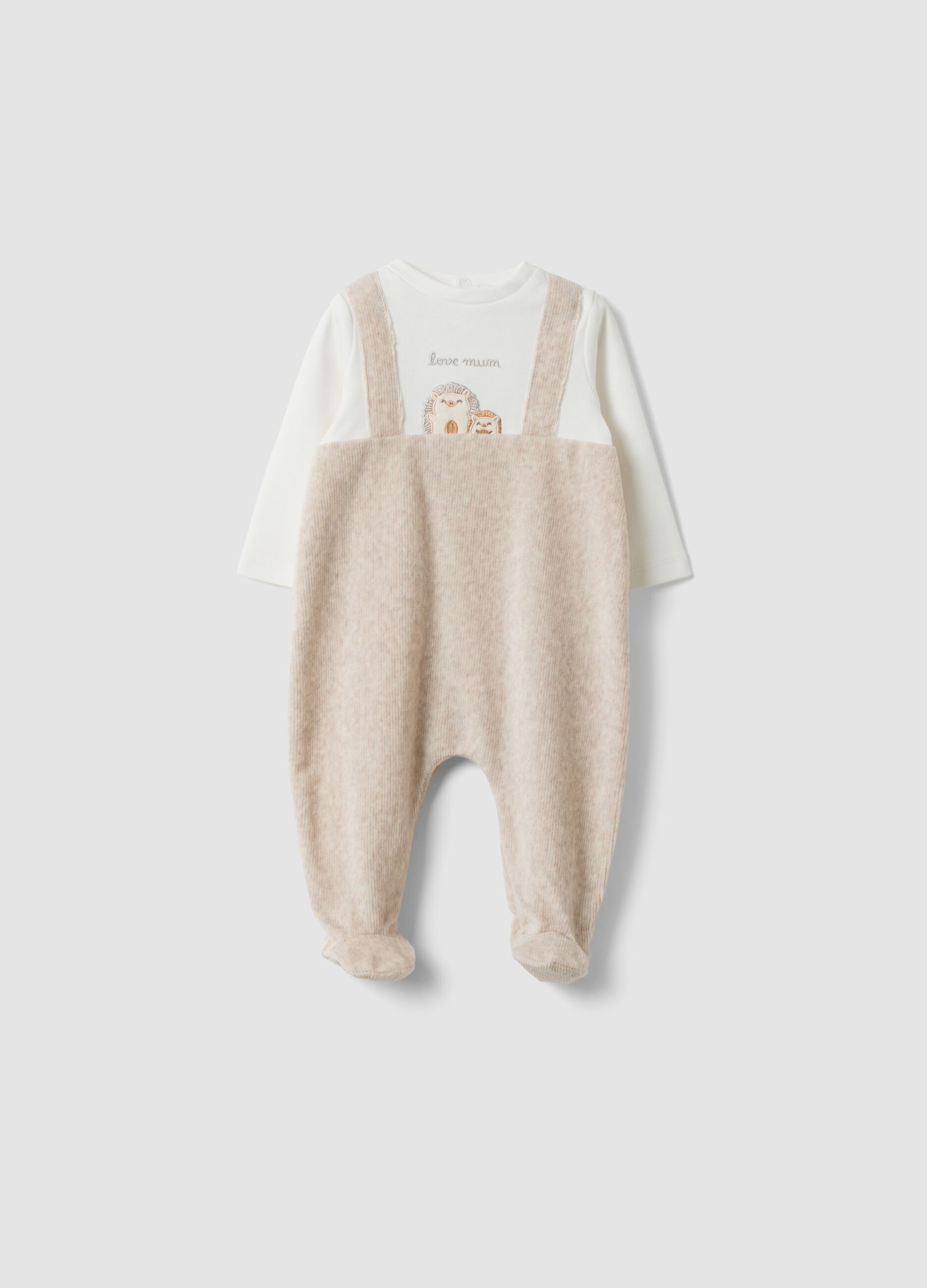 Beige organic cotton blend baby sleepsuit with feet