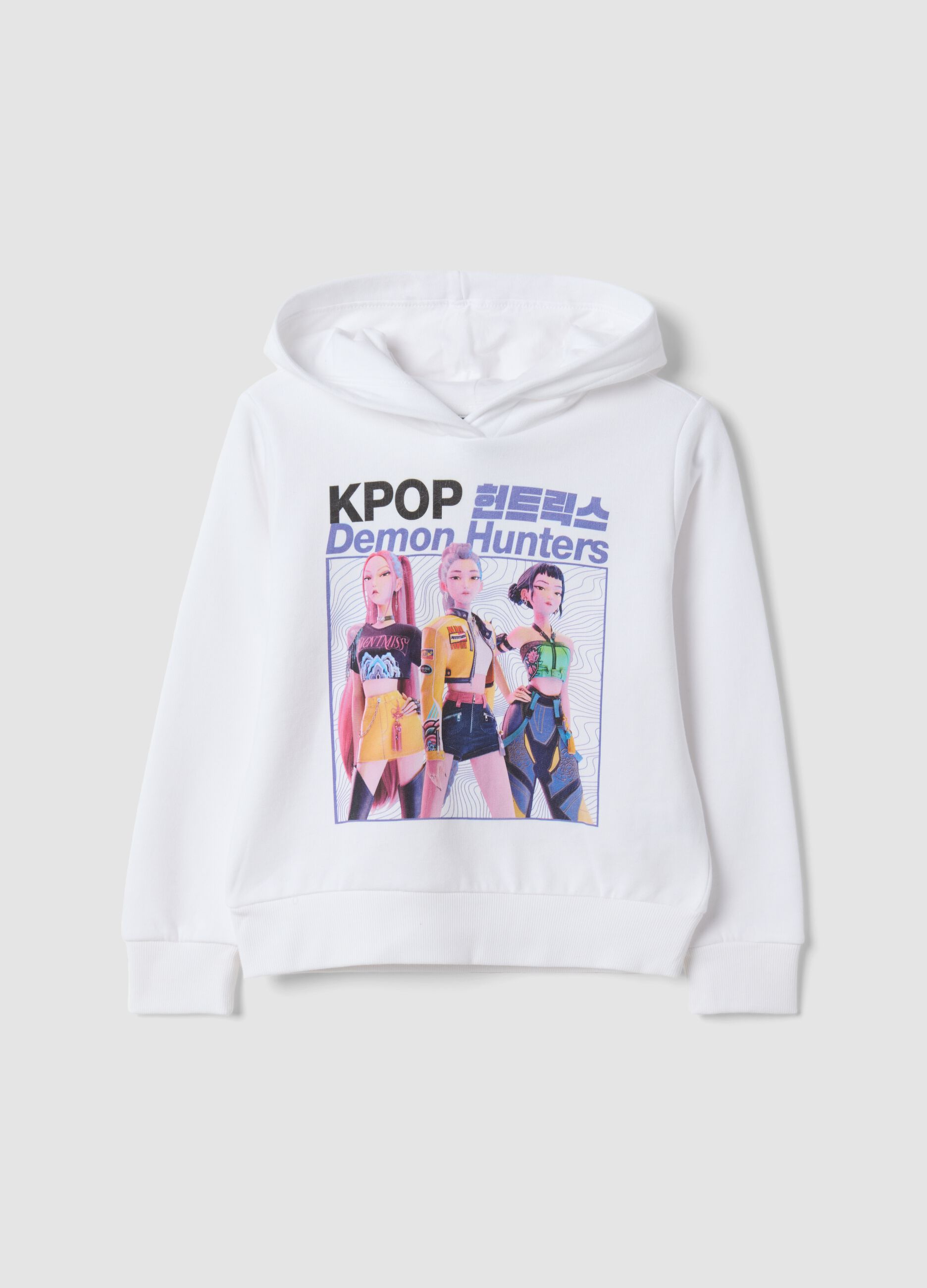 White 100% cotton hoodie with K-Pop Demon Hunters print