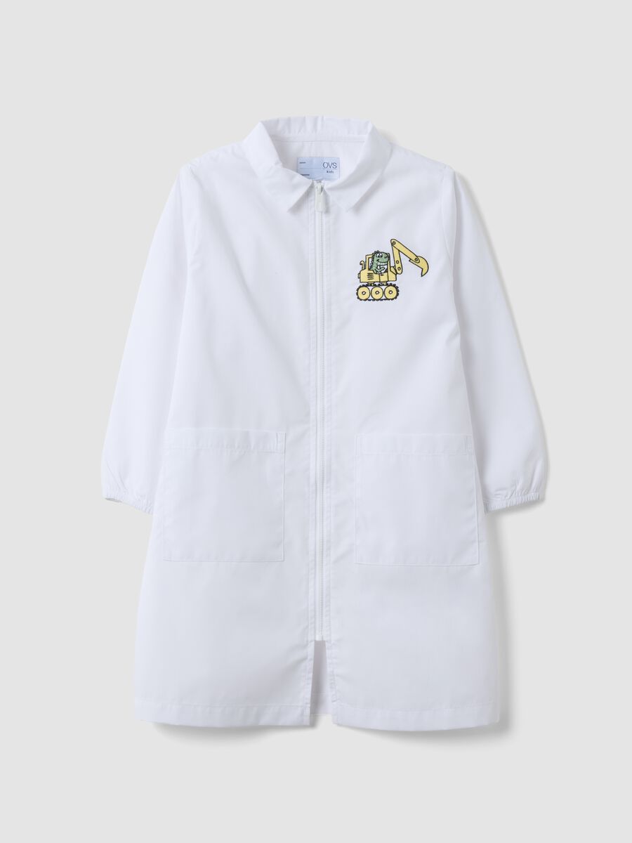 Customisable white nursery apron with zip and dinosaur embroidery_0
