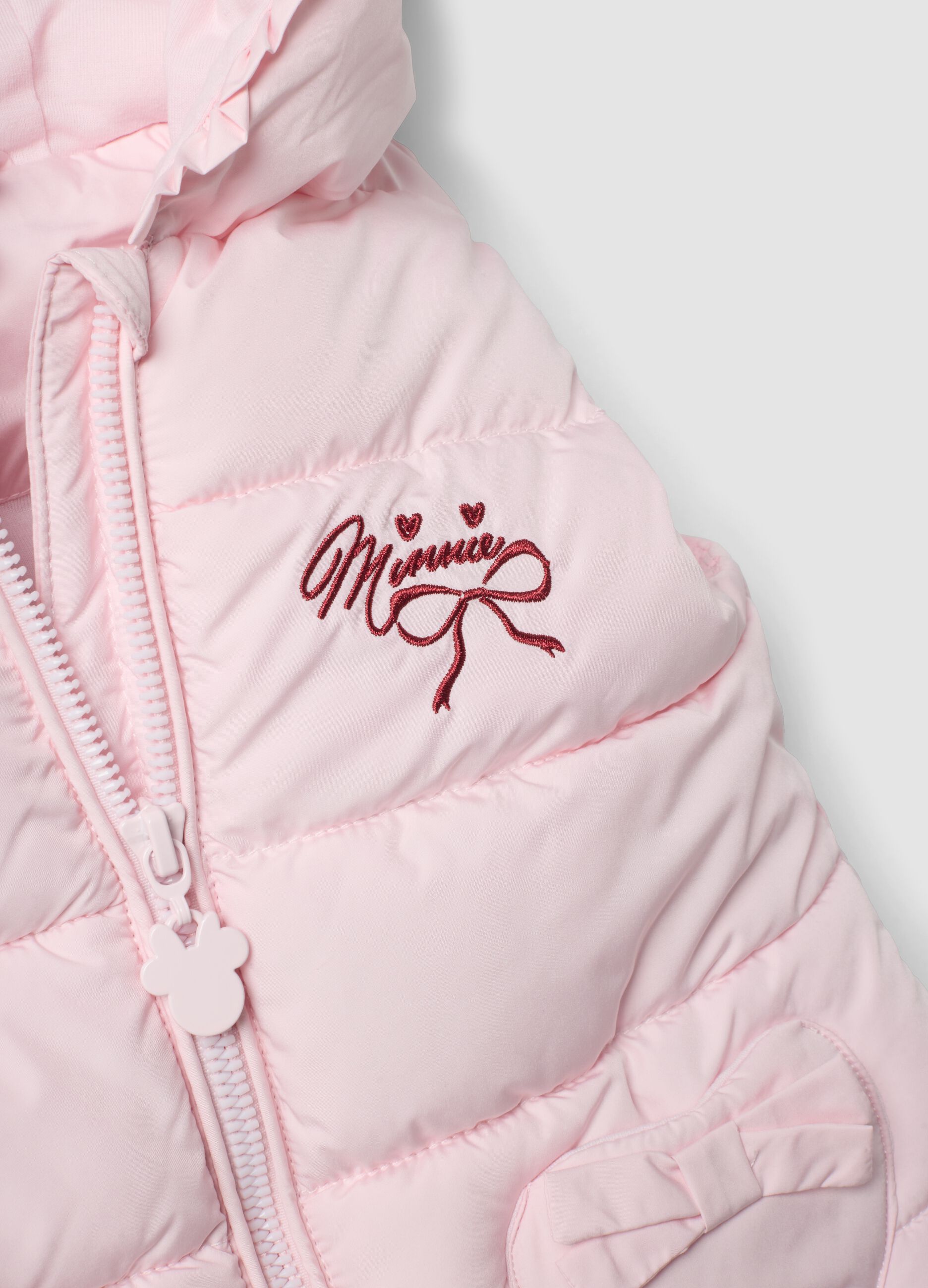 Gilet imbottito rosa con cappuccio e tasche a cuore e ricamo Minnie