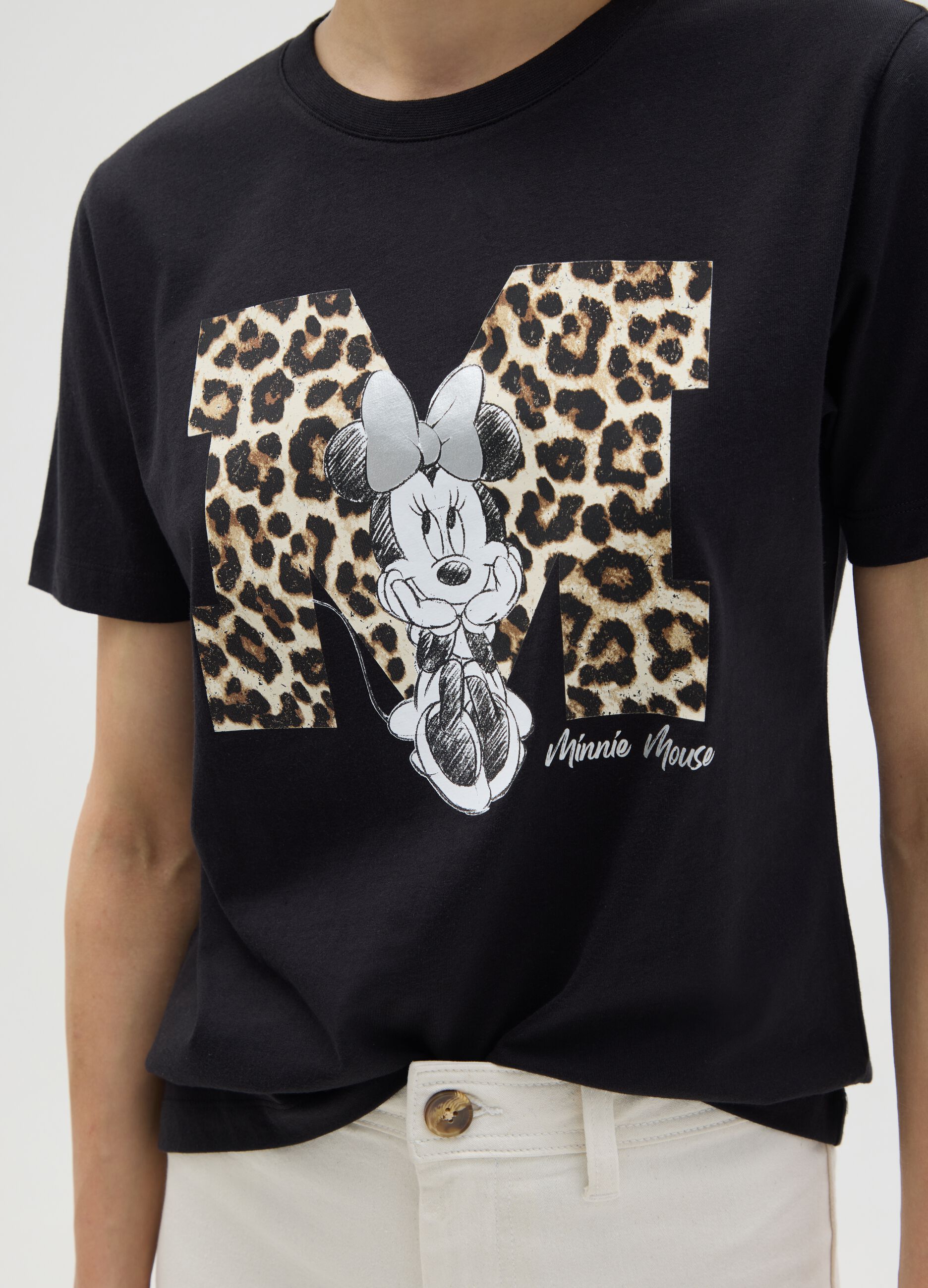 Black pure cotton regular fit t-shirt with Minnie and leopard print