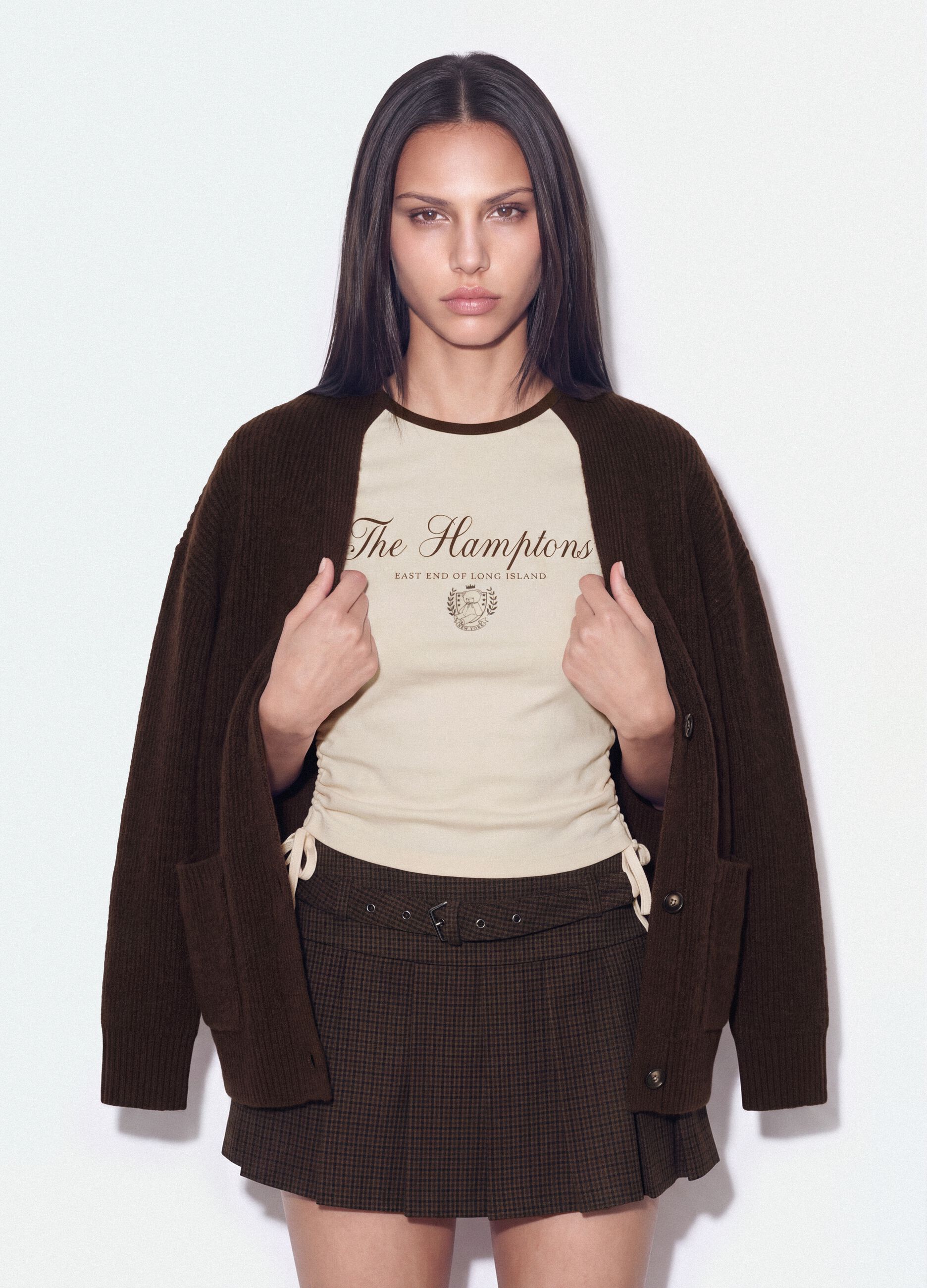 Brown stretch-fabric cardigan with deep V-neckline