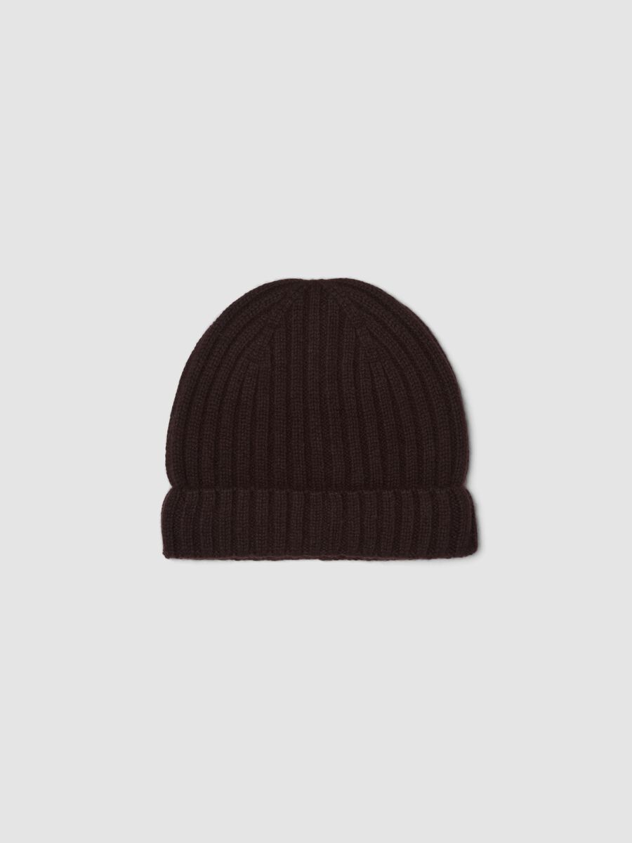 Brown ribbed pure cashmere beanie_0