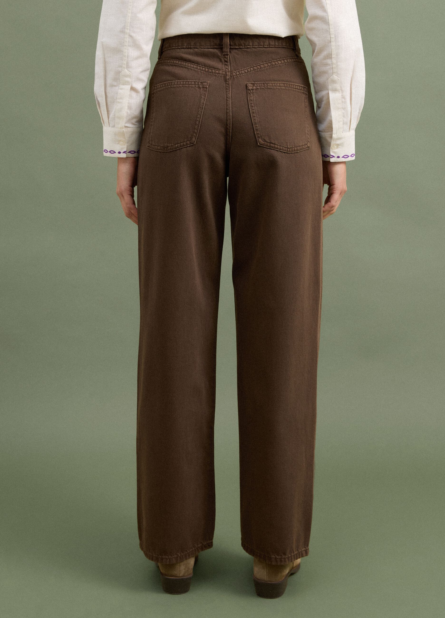 High-waisted wide-leg brown jeans in pure cotton