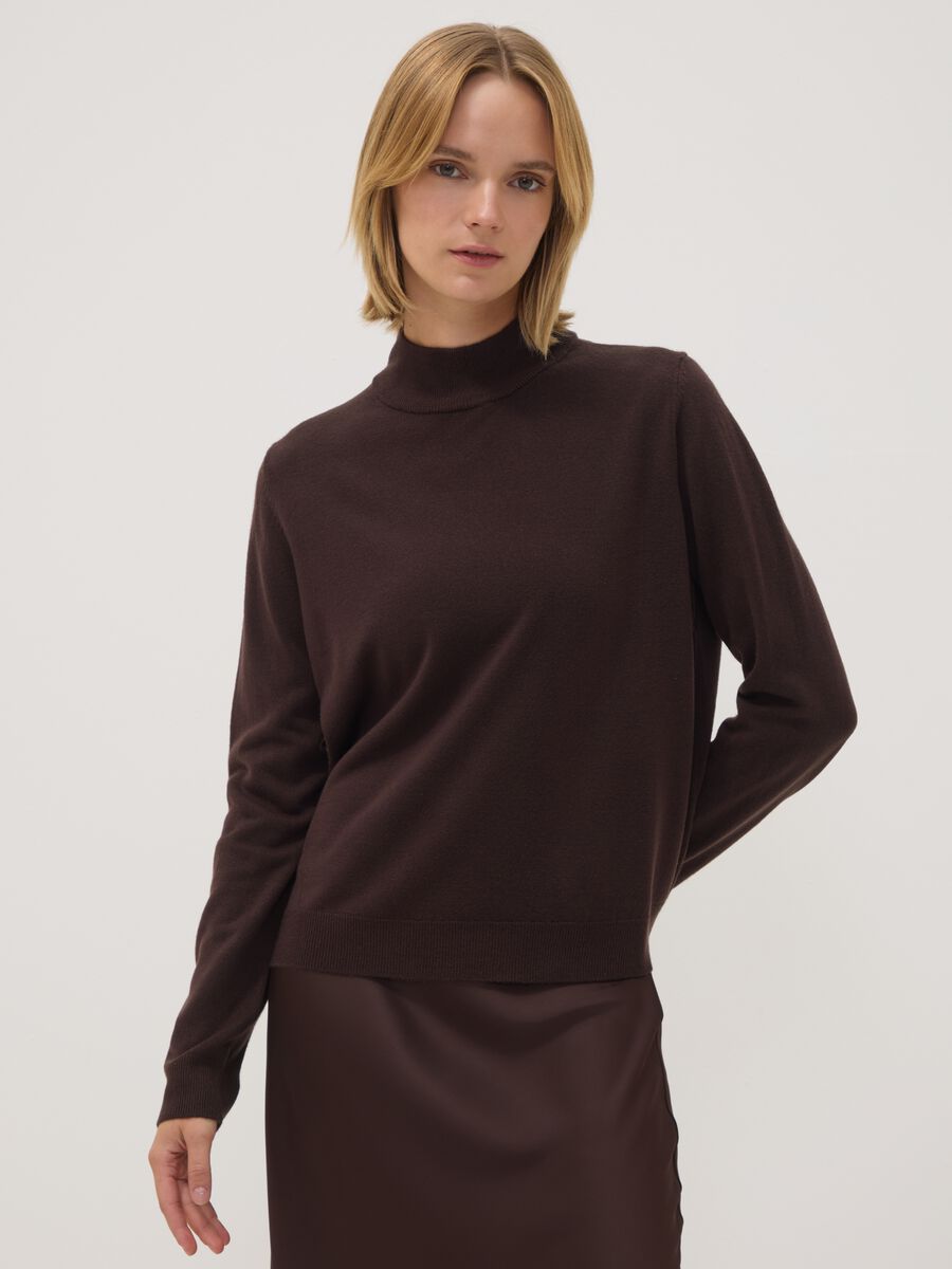 Brown long-sleeve top with raised neck, regular fit_0