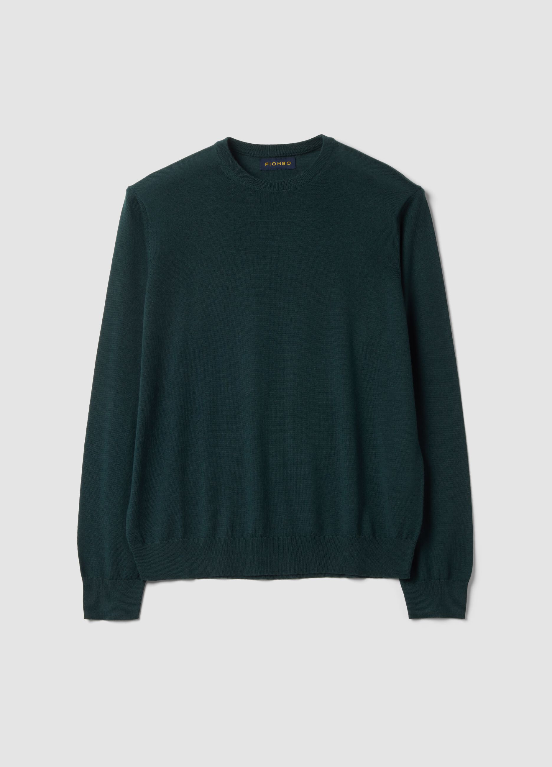 Green pure merino wool crew-neck jumper, regular fit