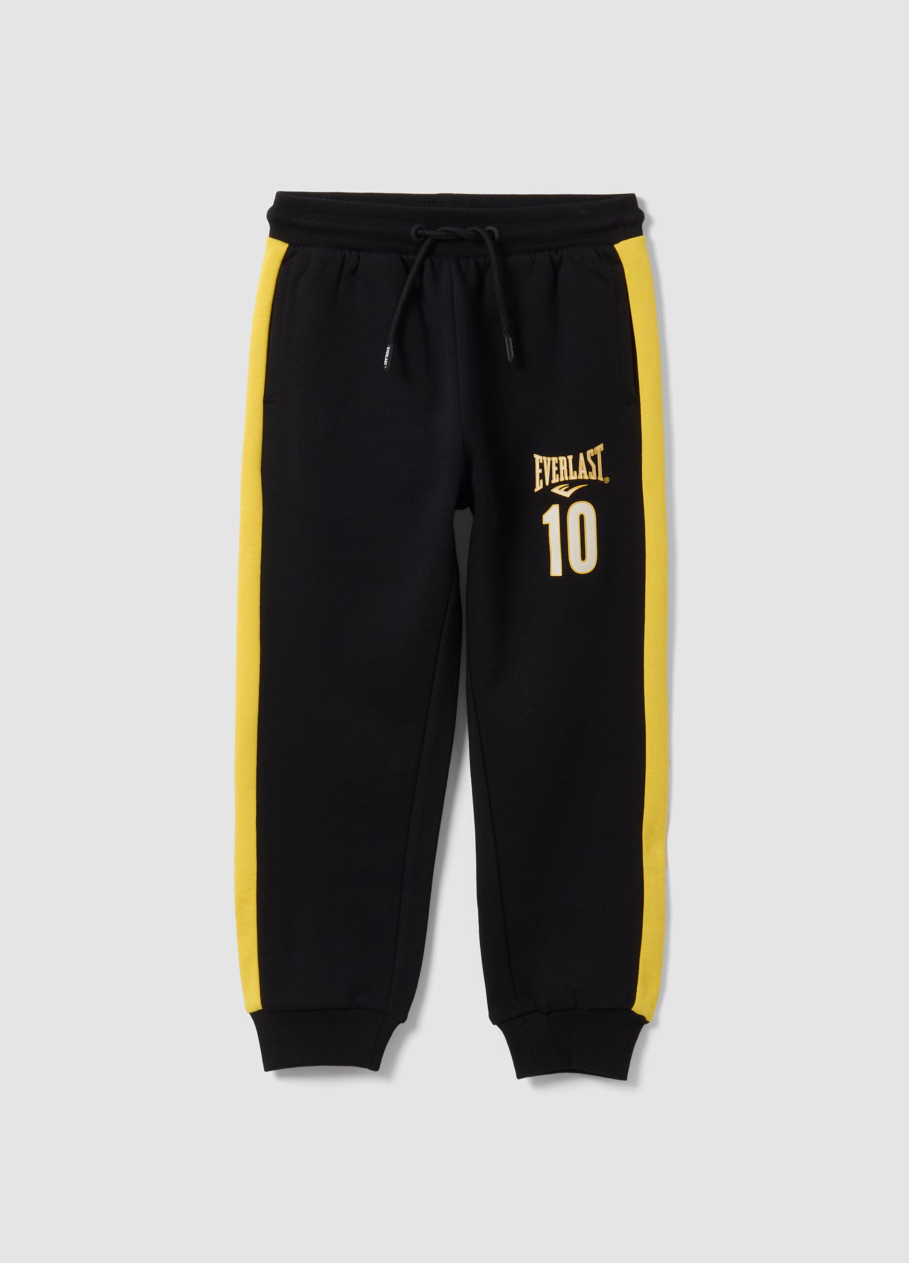 Black 100% cotton kids&rsquo; tracksuit bottoms with yellow side stripes