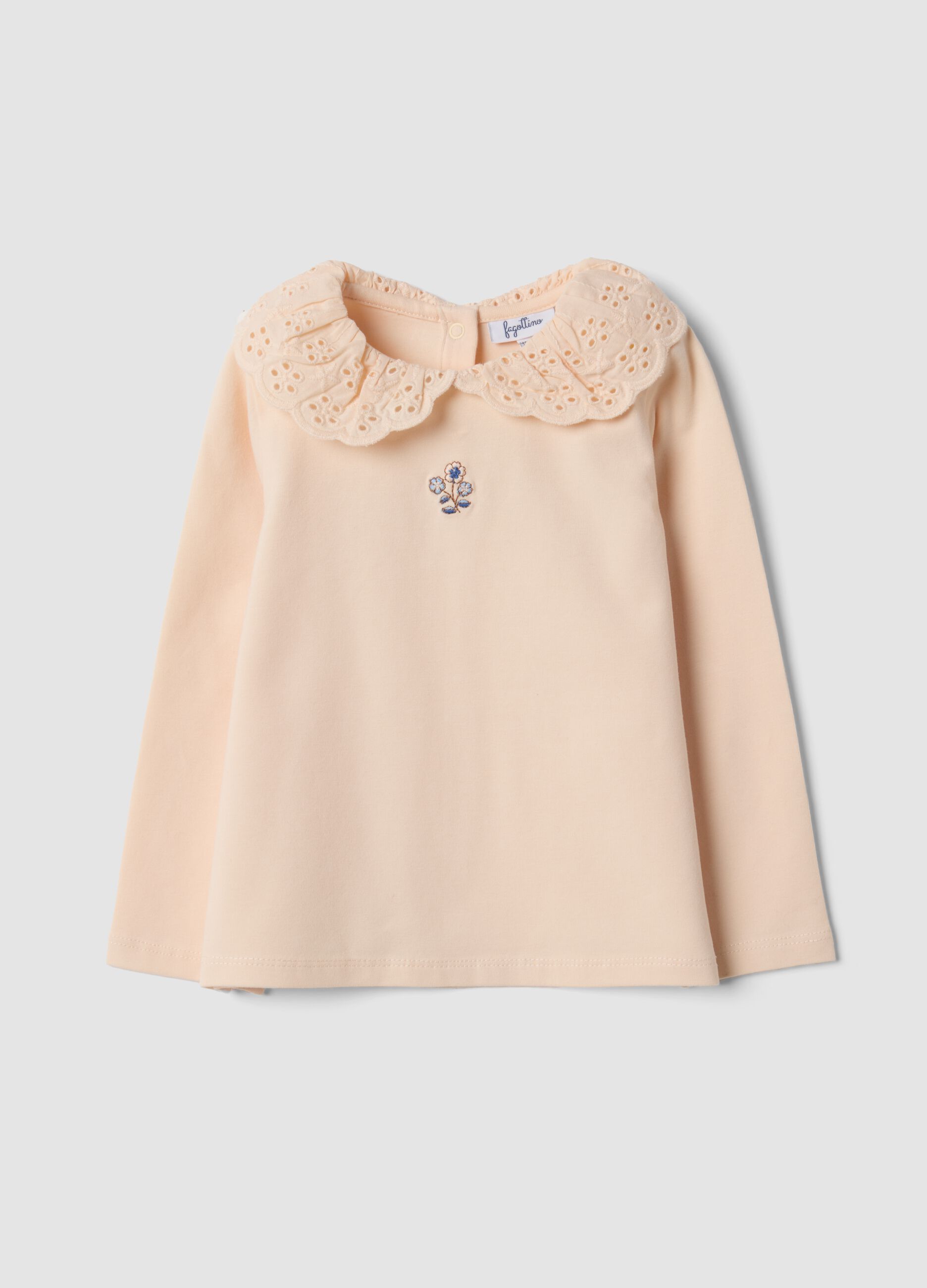 Orange organic stretch cotton top with broderie anglaise collar