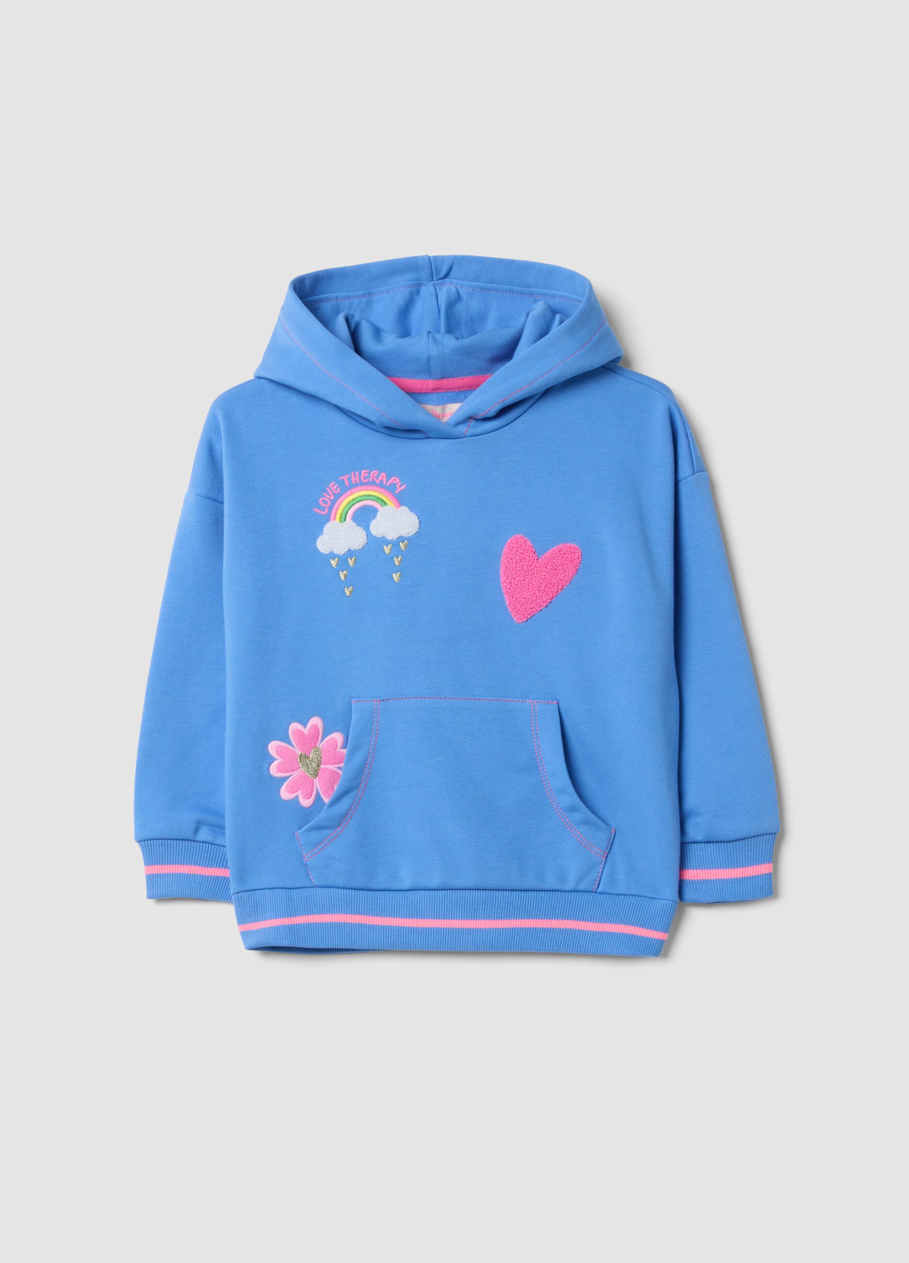 Blue cotton-blend hoodie with embroidered details, regular fit
