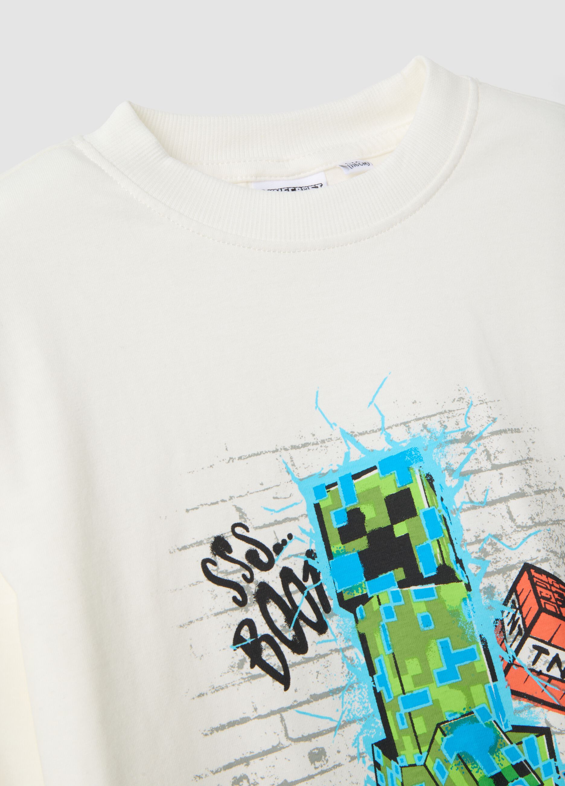 White crew-neck pure cotton T-shirt with Minecraft print