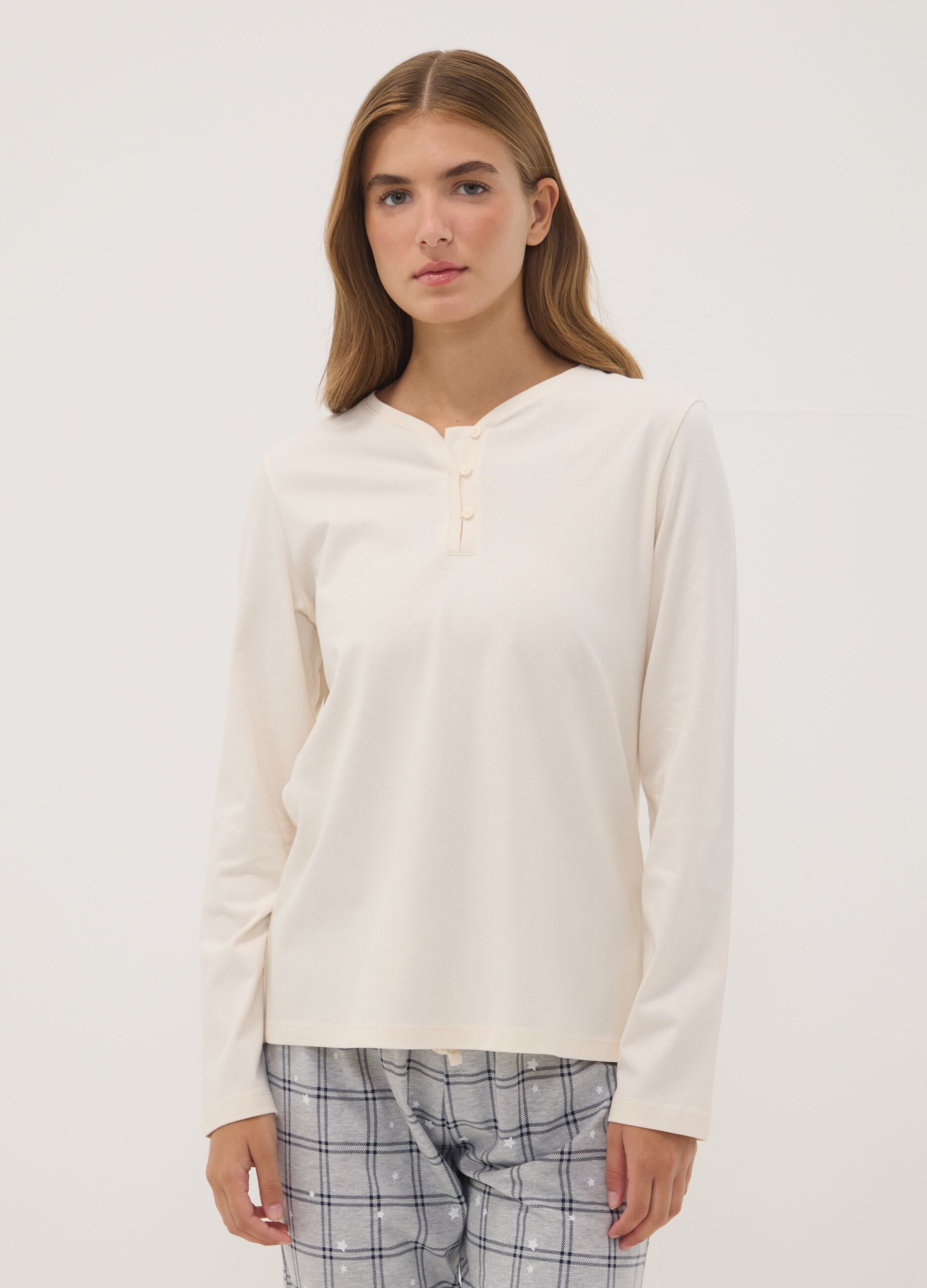 Pigiama beige in puro cotone organico con girocollo