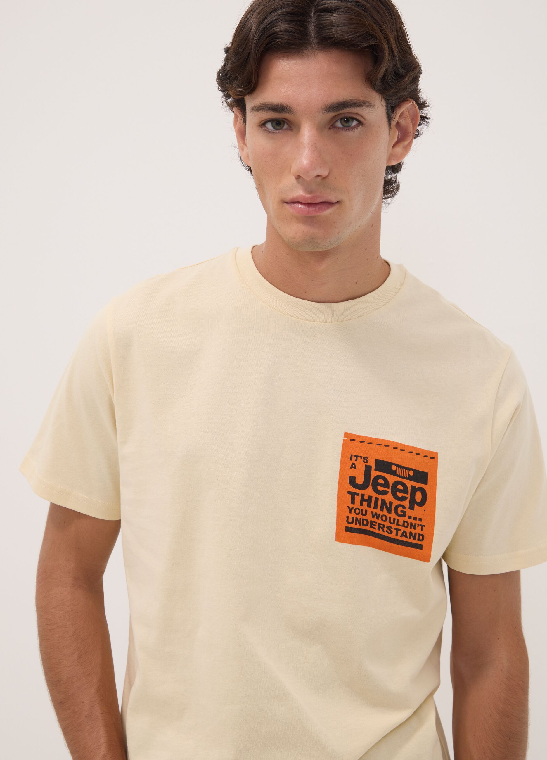 Beige pure cotton crew-neck T-shirt with Jeep print