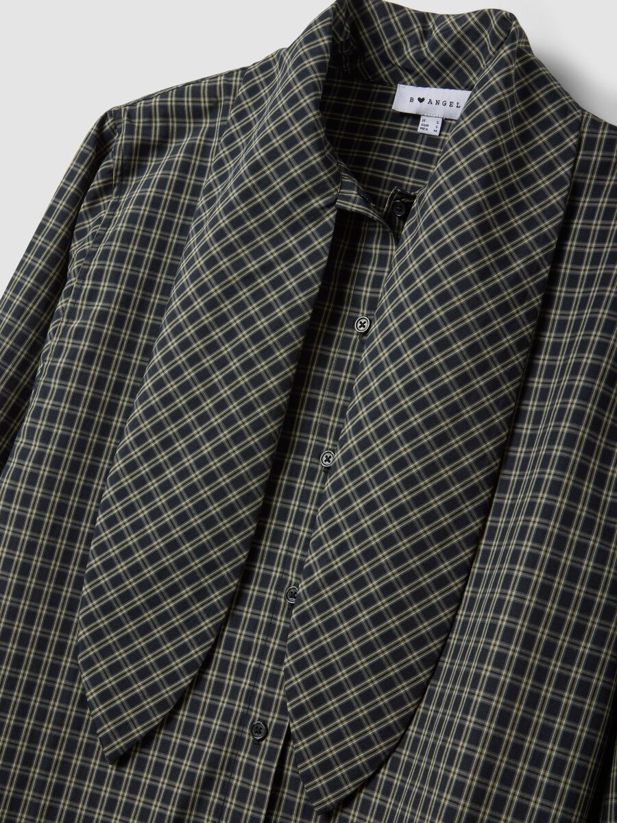 Oversized black cotton-blend checked shirt with neck bow_1