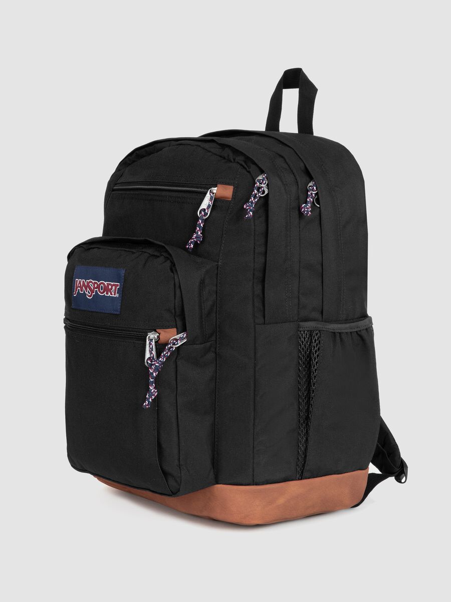 Black backpack with brown base and external pockets_3