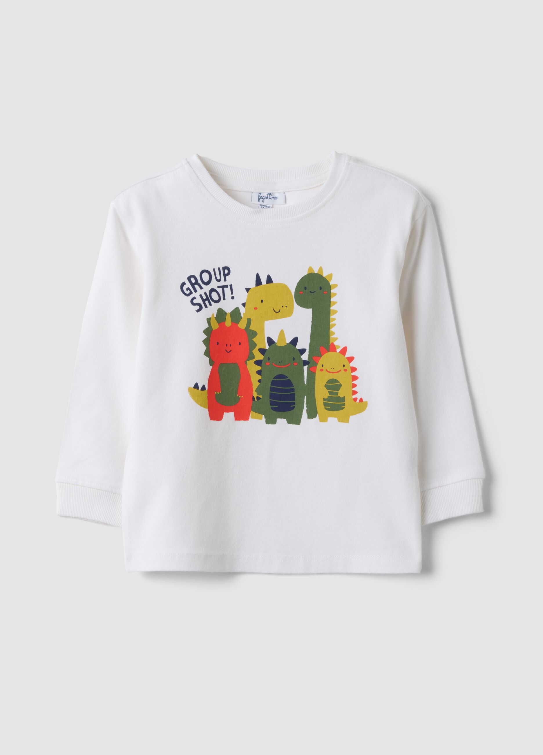 T-shirt bianca in cotone organico elasticizzato con dinosauri over fit