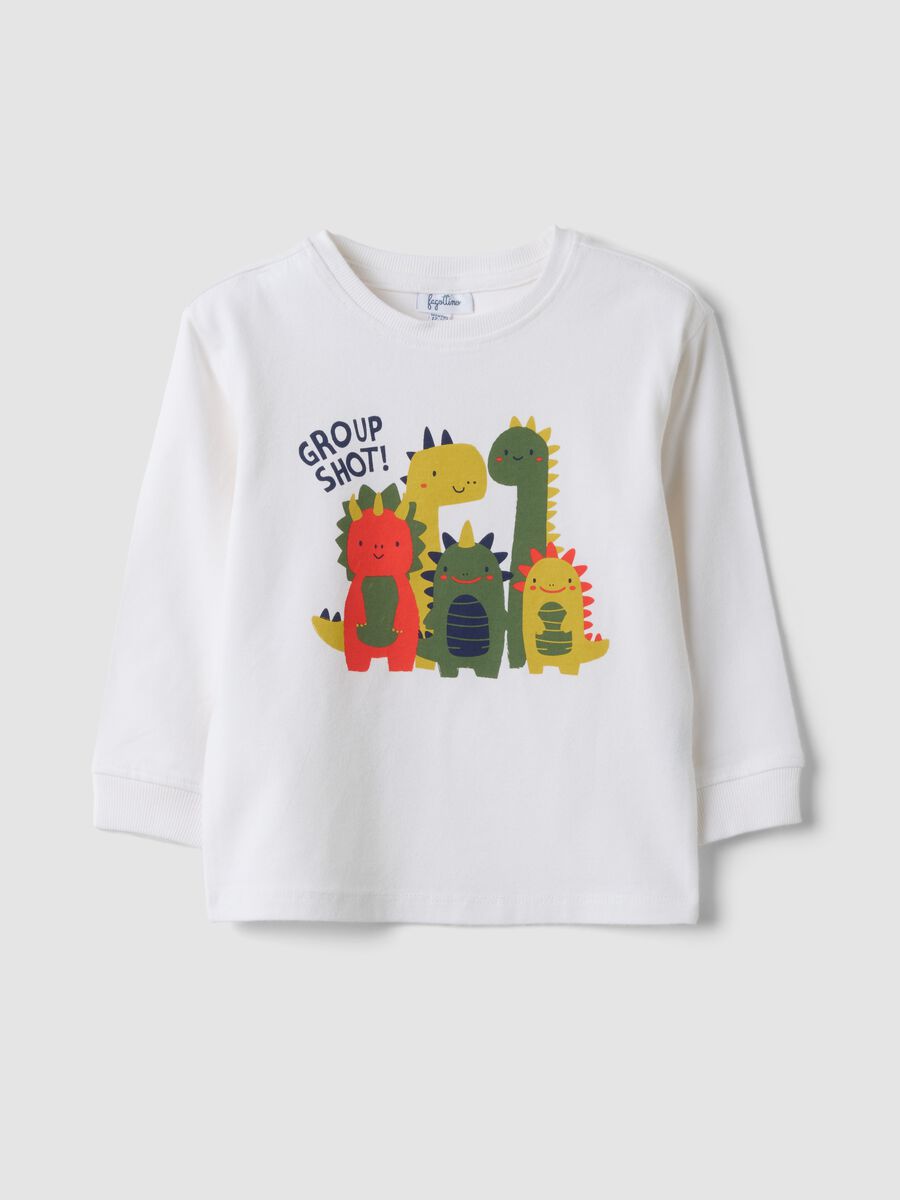 White over-fit organic stretch cotton T-shirt with dinosaur print_0