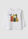 T-shirt bianca in cotone organico elasticizzato con dinosauri over fit_0