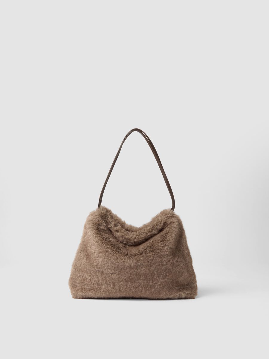 Grey shoulder bag with teddy effect_0
