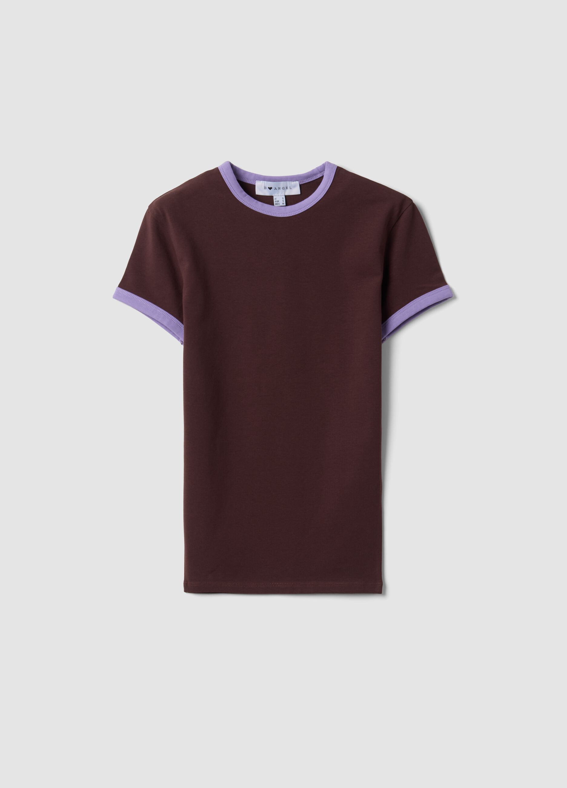 Brown stretch cotton fitted T-shirt with contrast trims