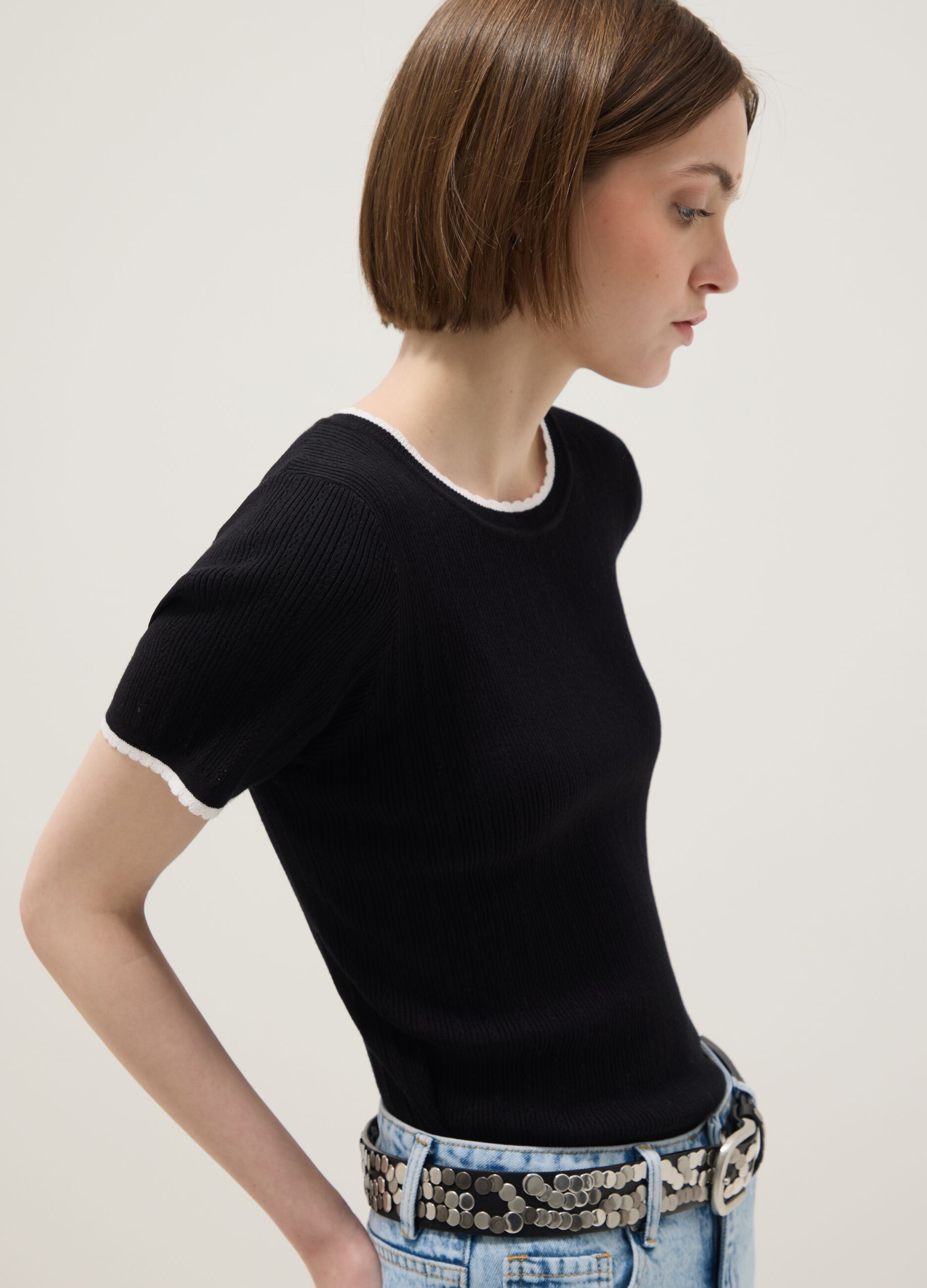 Black viscose blend t-shirt regular fit with cut-out details