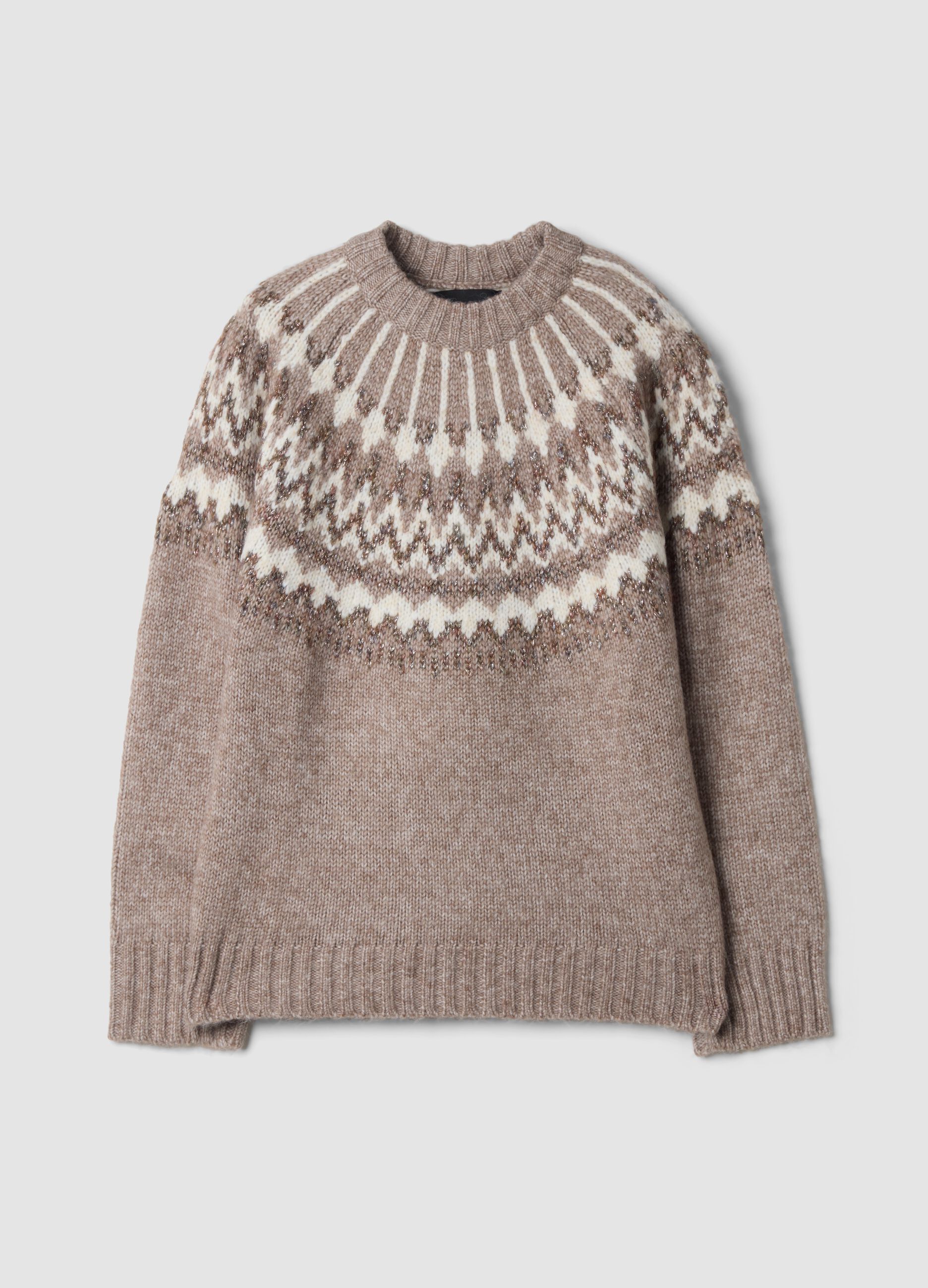 Beige jacquard crew-neck jumper, regular fit