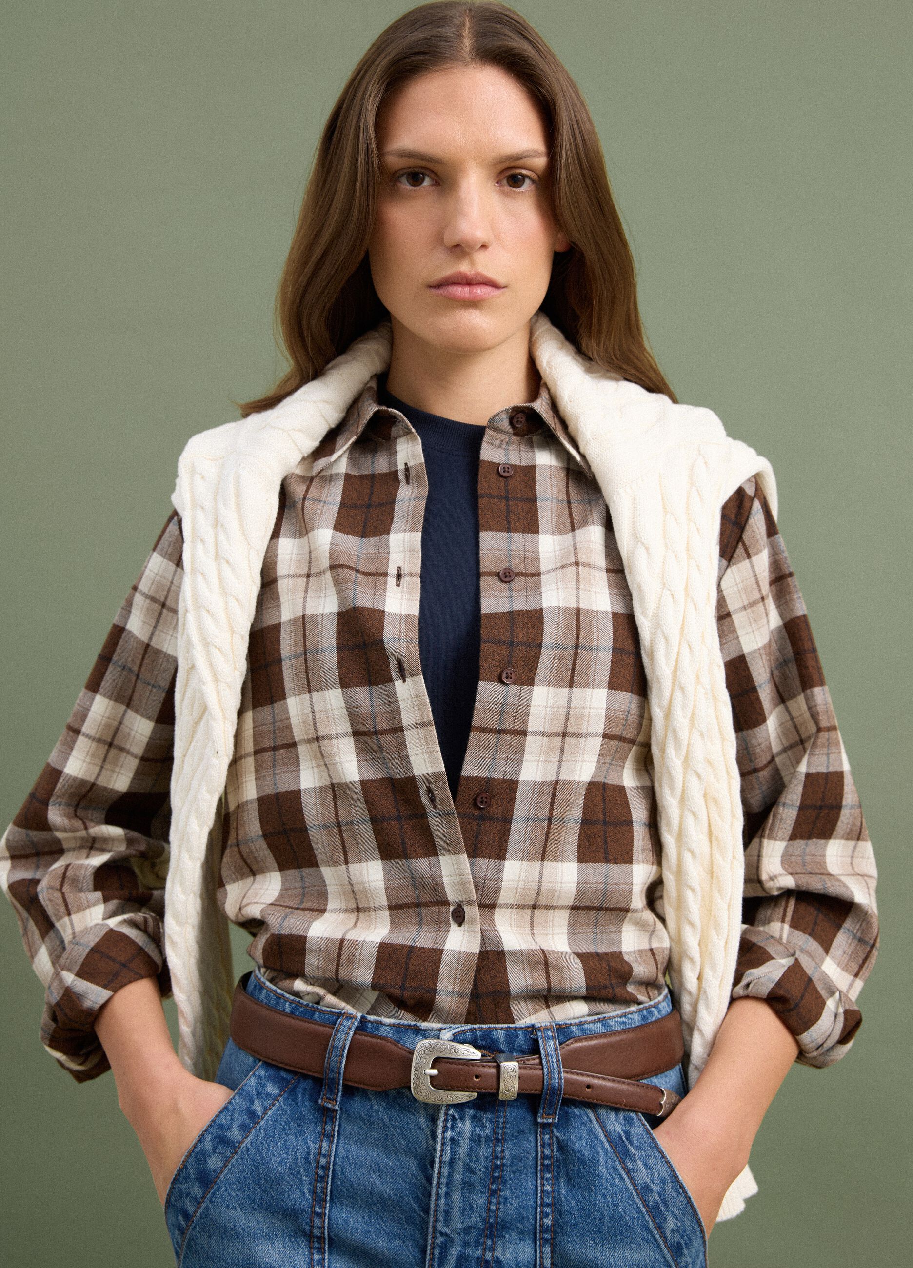 Camicia marrone a quadri in flanella di puro cotone regular fit