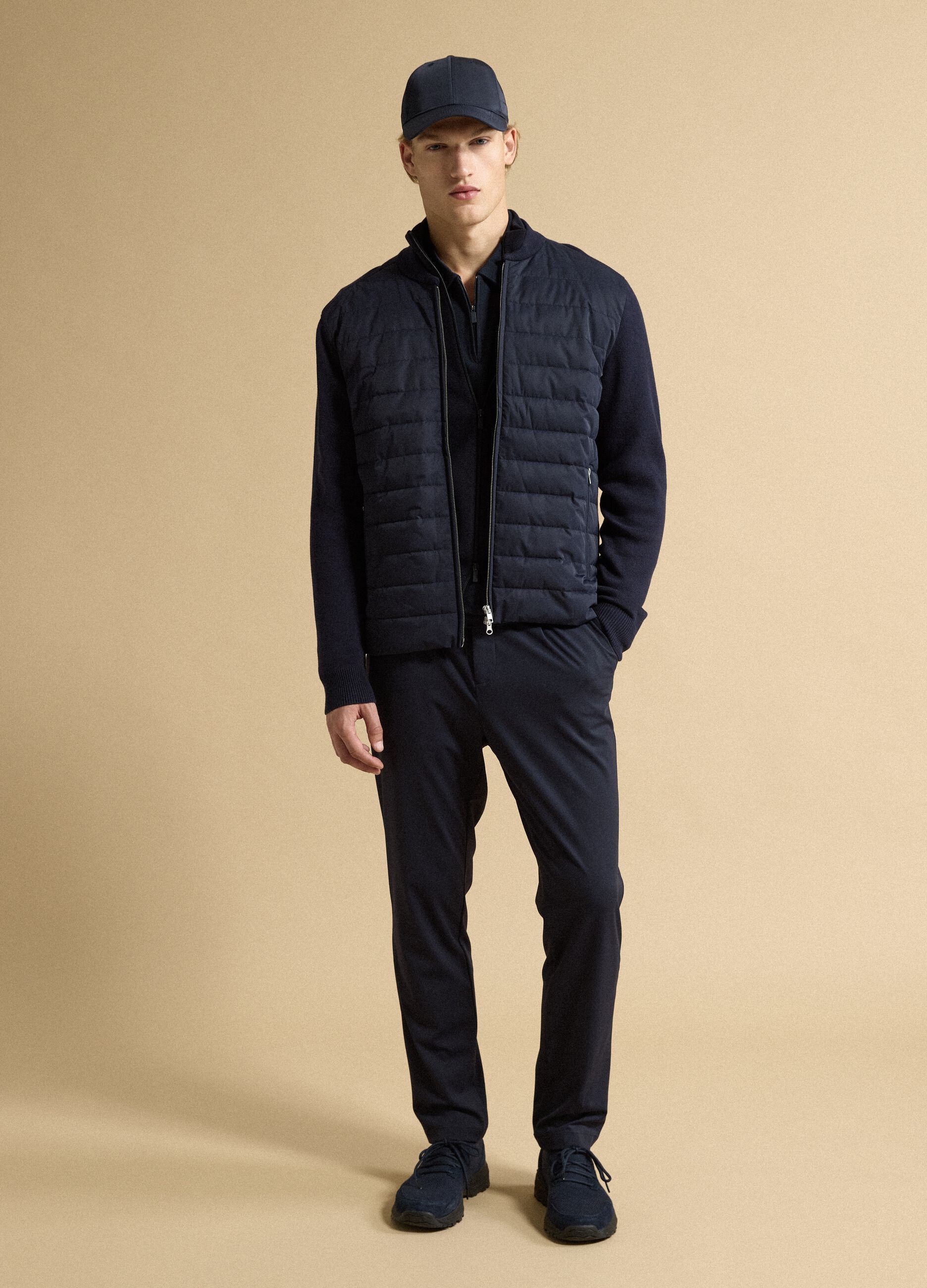 Blue pure cotton zip jacket with knitted sleeves, regular fit