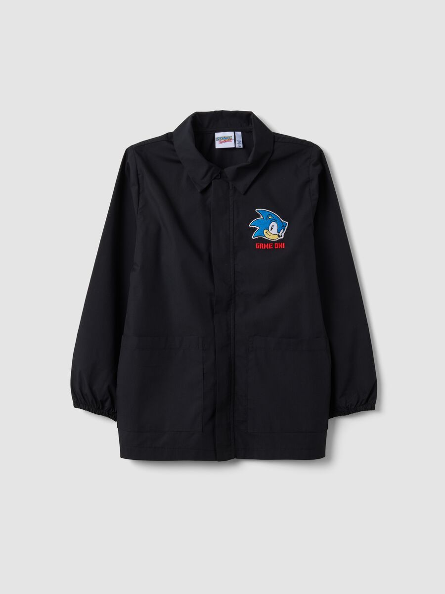 Black kids&rsquo; school smock with zip and Sonic embroidery_0