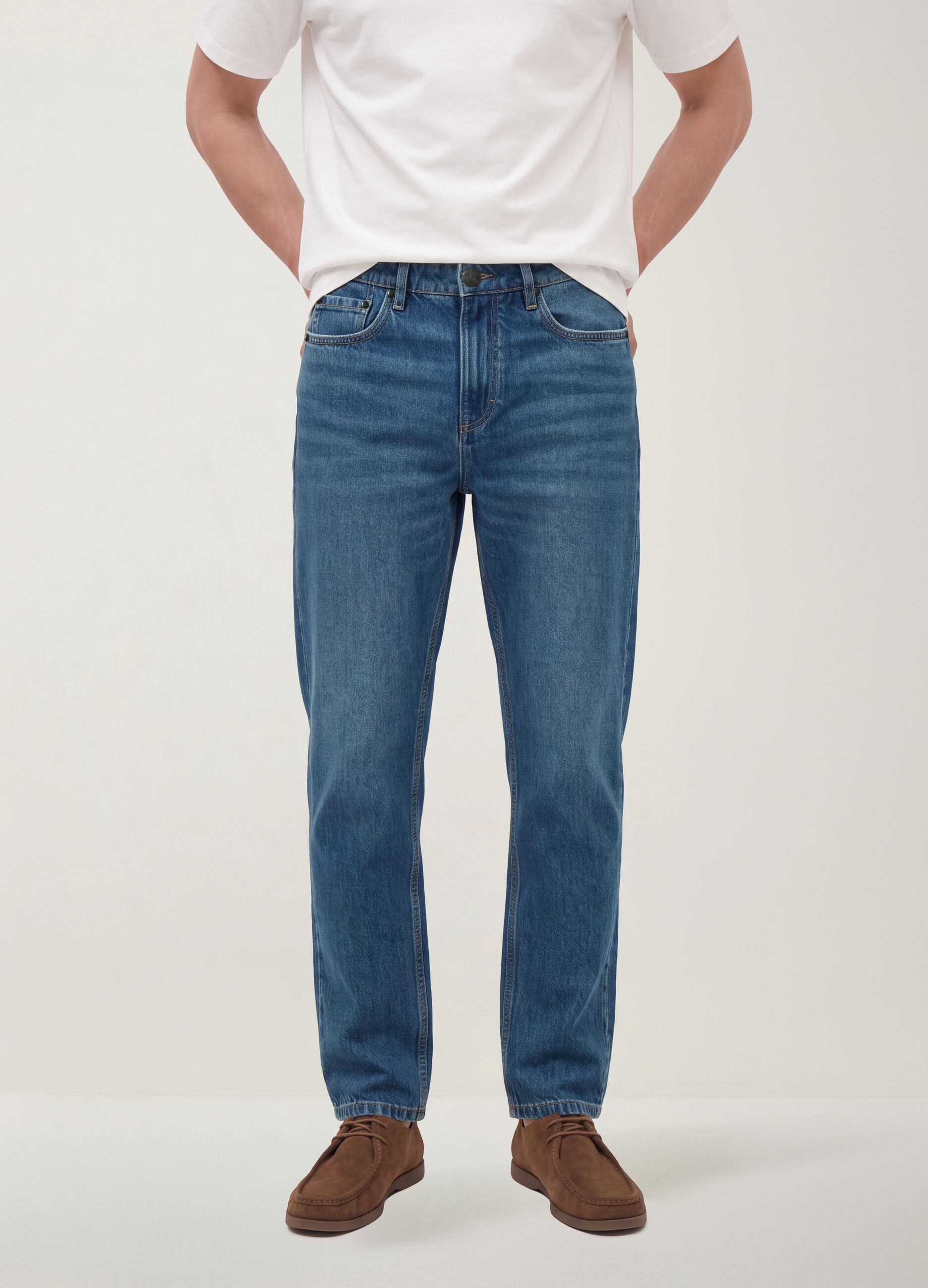 Blue cotton and lyocell blend regular tapered jeans