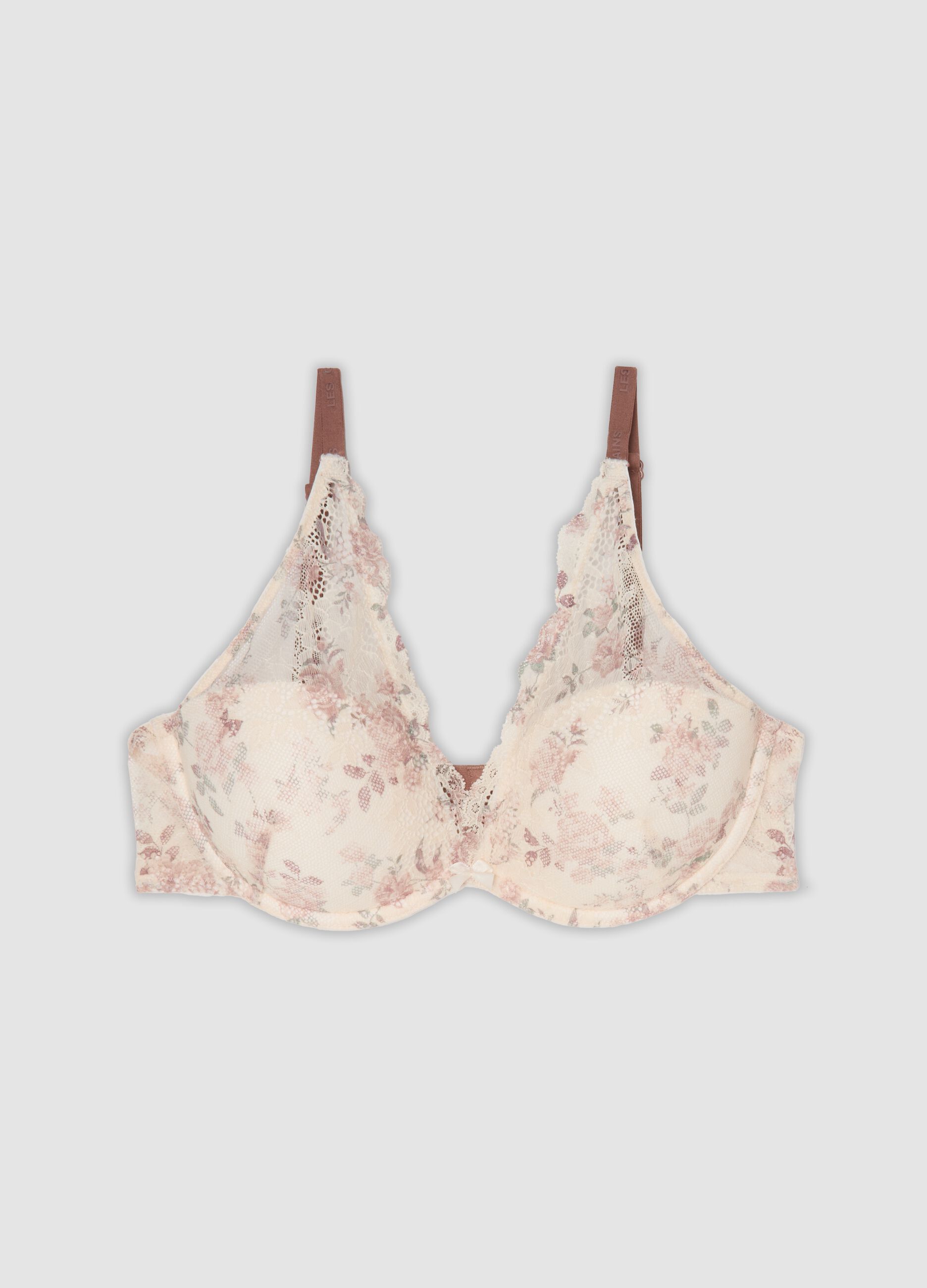 Reggiseno bralette beige imbottito in tessuto elasticizzato con pizzo floreale
