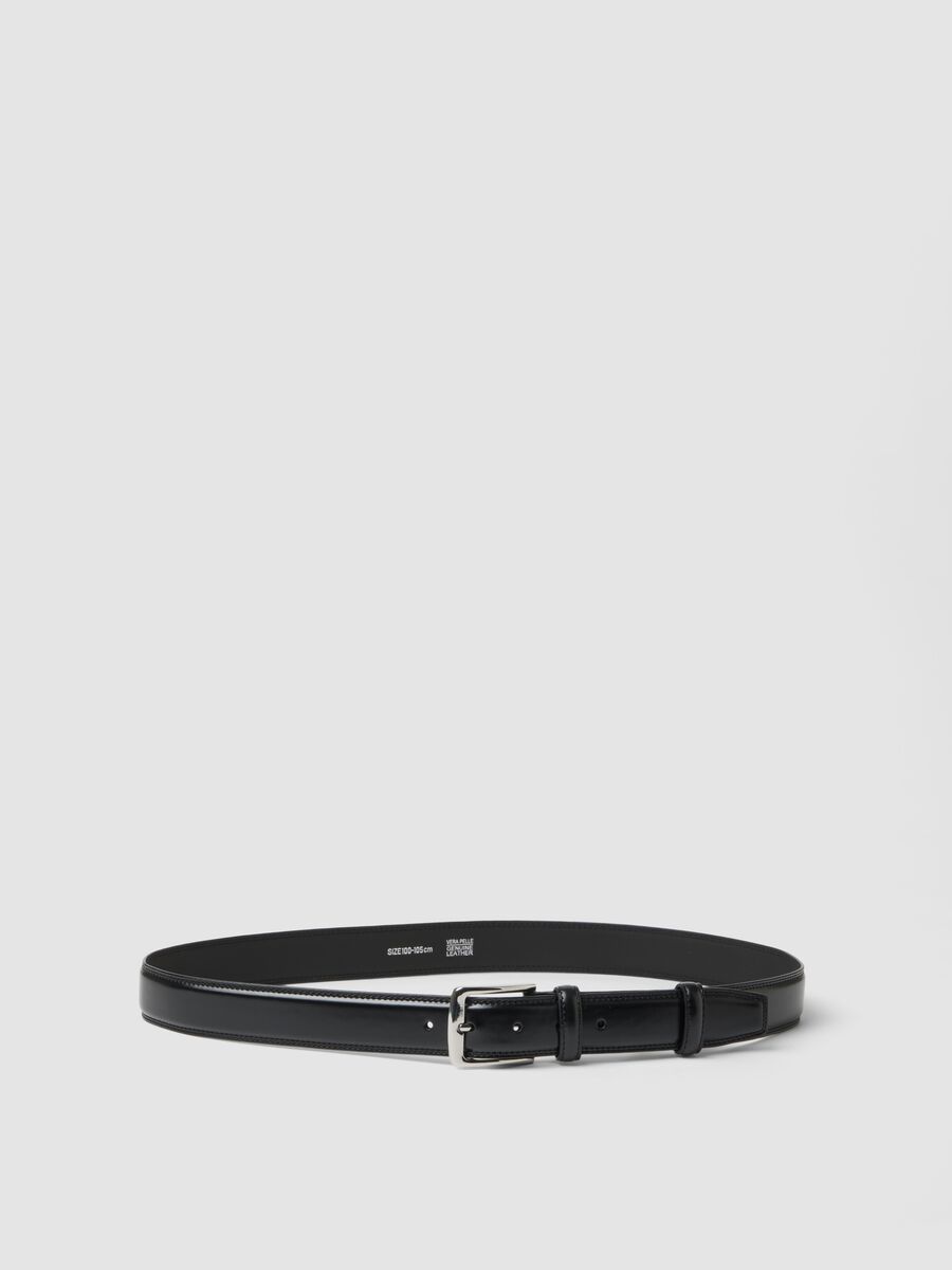 Black genuine leather belt with metal buckle_0