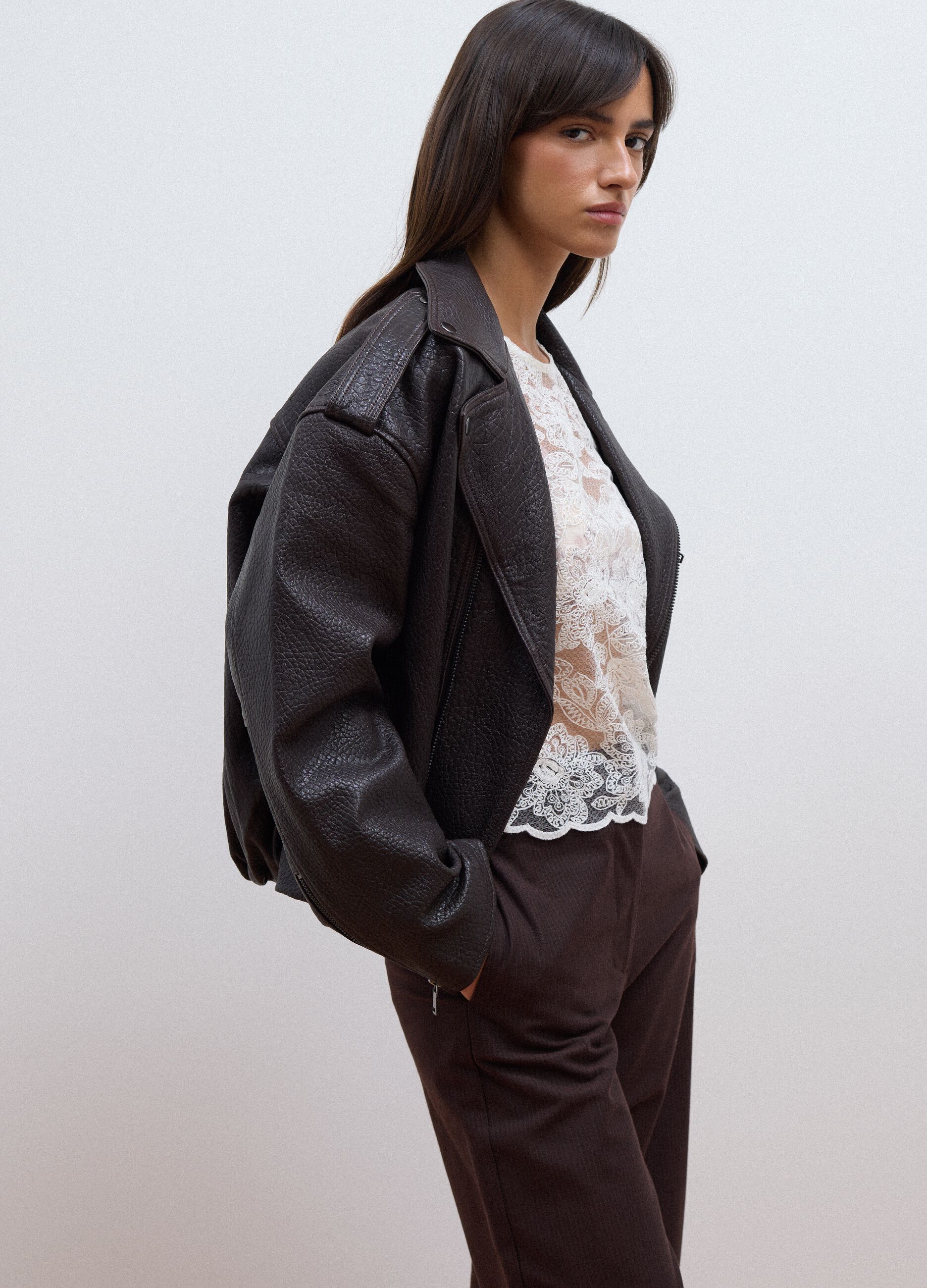 Brown oversized genuine leather biker jacket