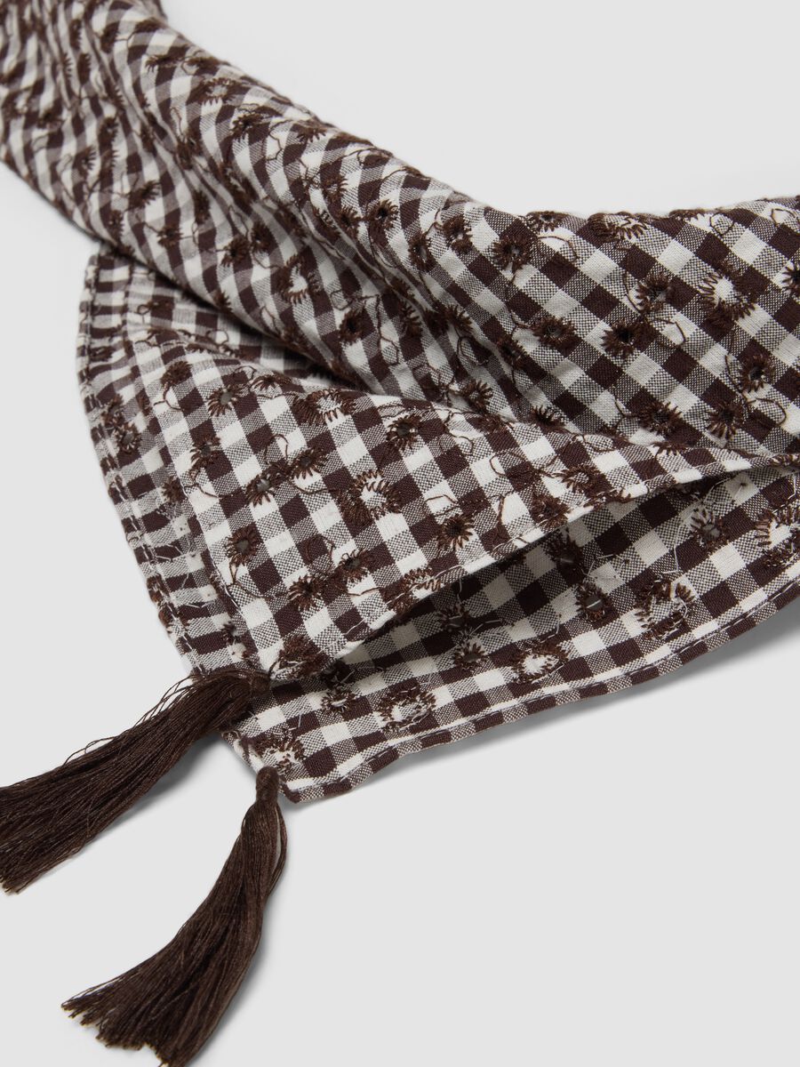 Brown cotton and viscose blend scarf with check pattern_1