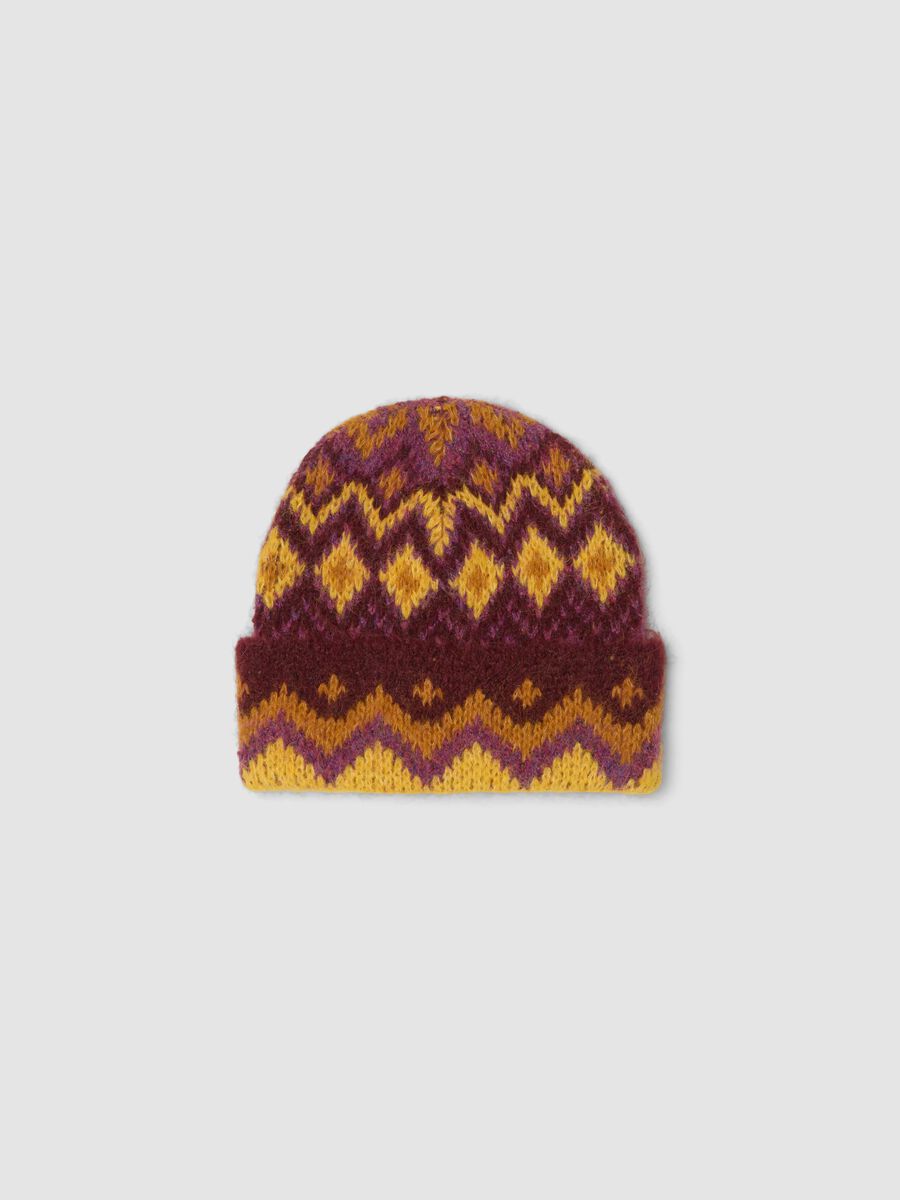 Cappello giallo e viola in lana elasticizzata jacquard_0