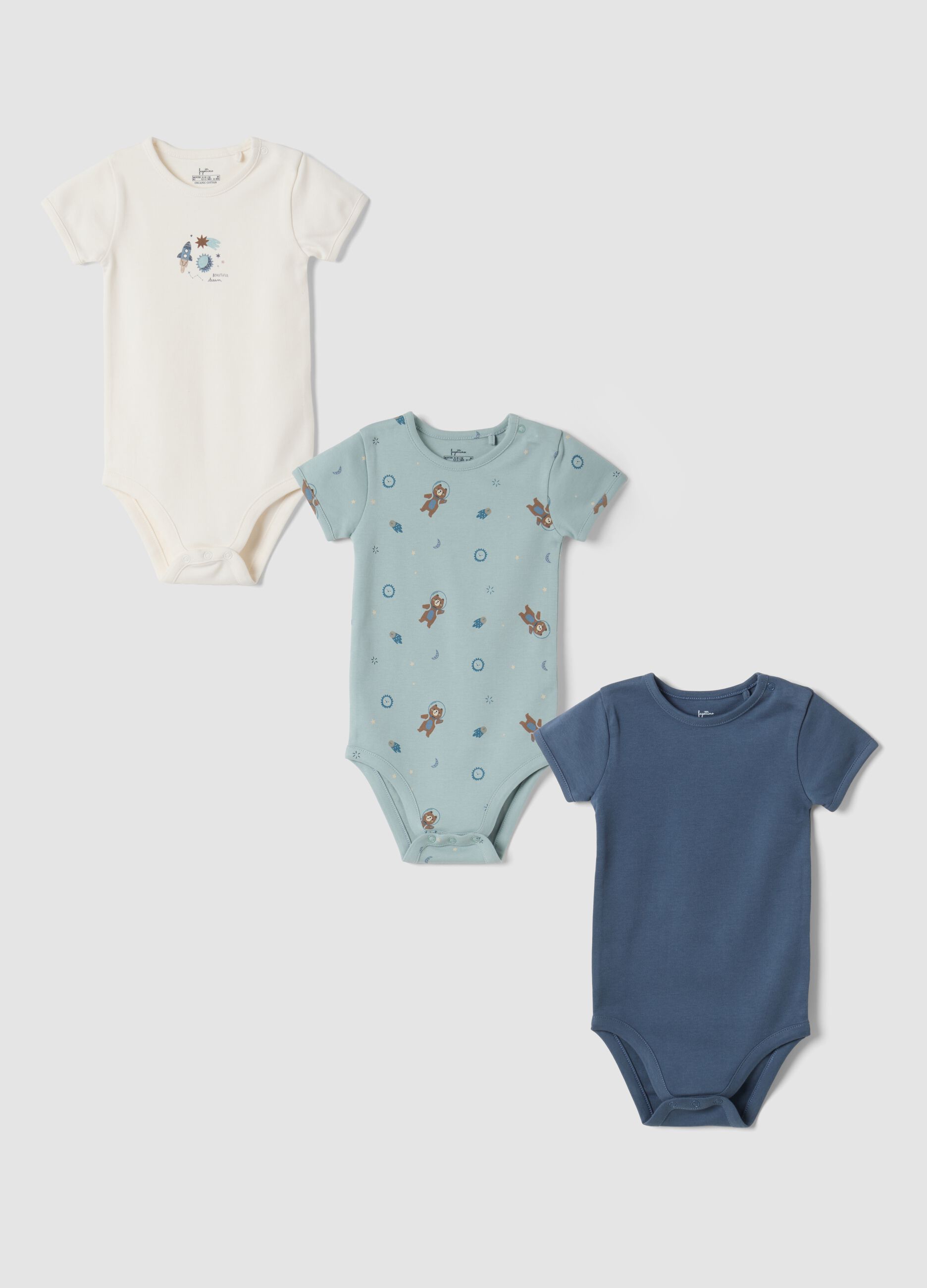 3-pack organic cotton baby bodysuits in aqua blue, navy and ivory, crew neck
