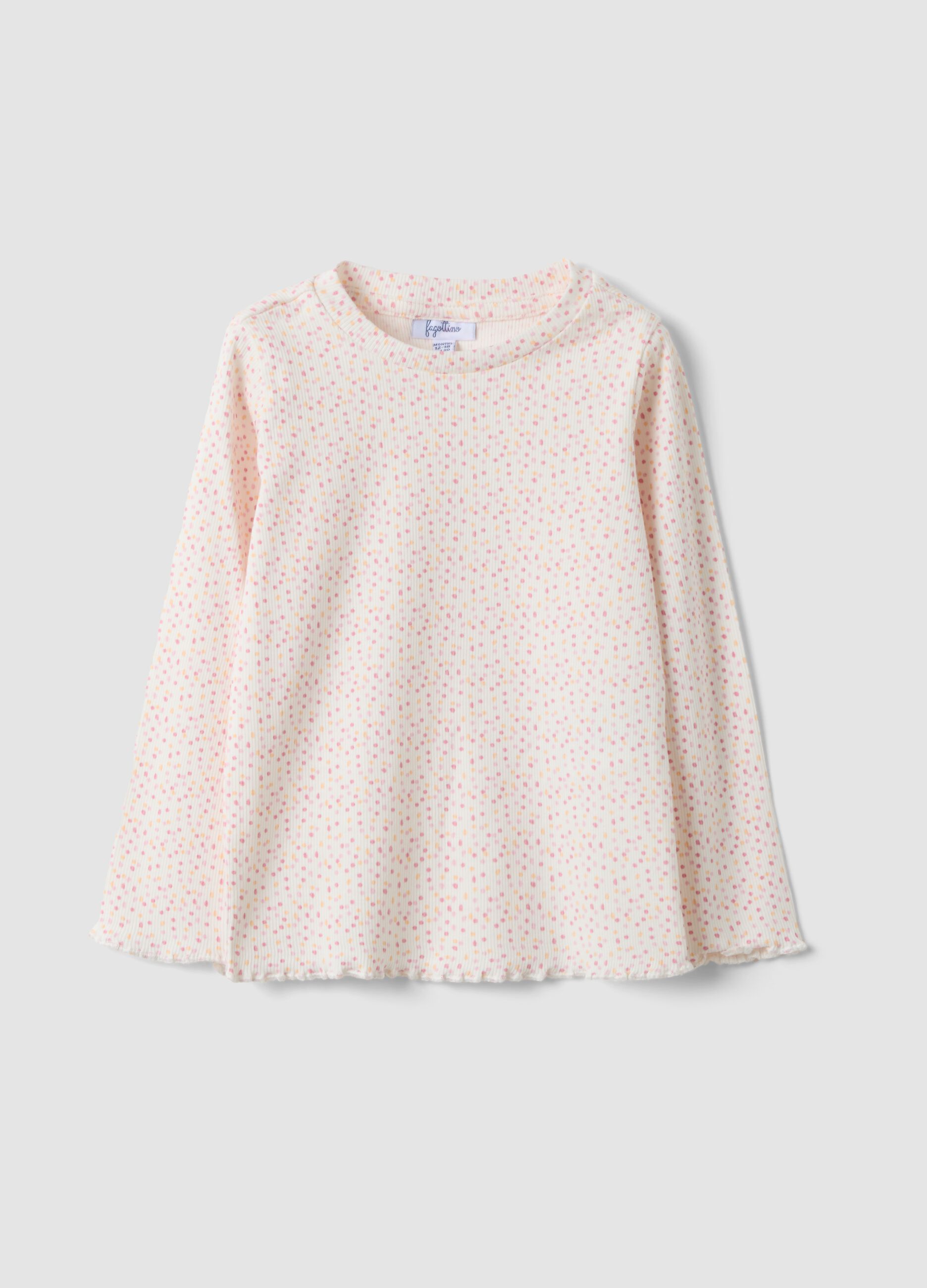 White slim-fit polka-dot stretch organic cotton T-shirt for baby girl