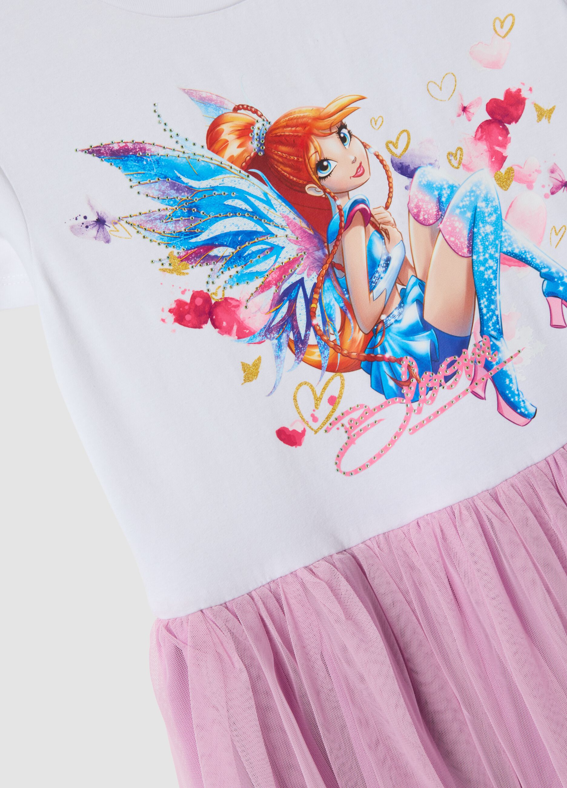 Pink and white stretch-cotton mini dress with tulle skirt for girls, regular fit