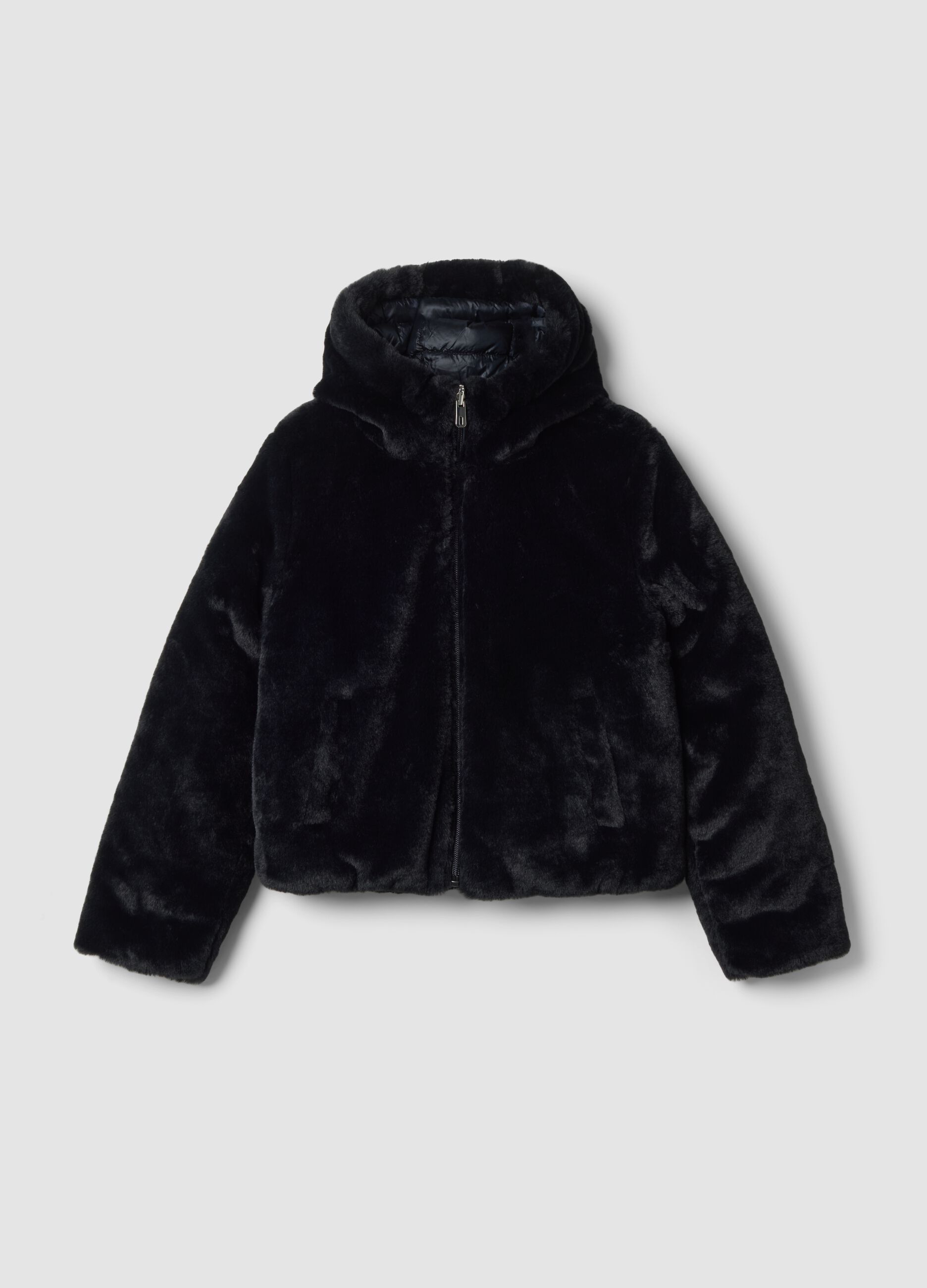 Black reversible padded jacket with hood and zip