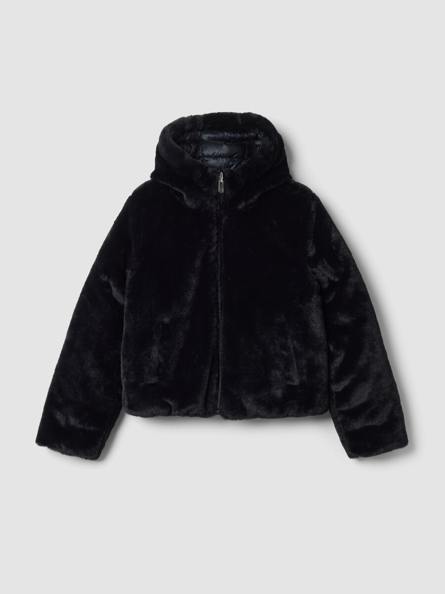 Black reversible padded jacket with hood and zip_0