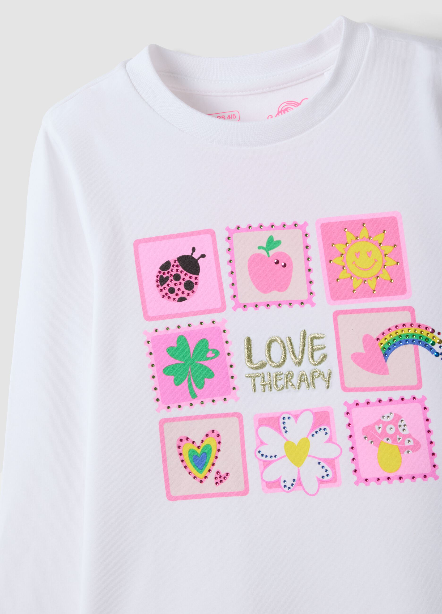 White stretch cotton crew-neck printed T-shirt for girls