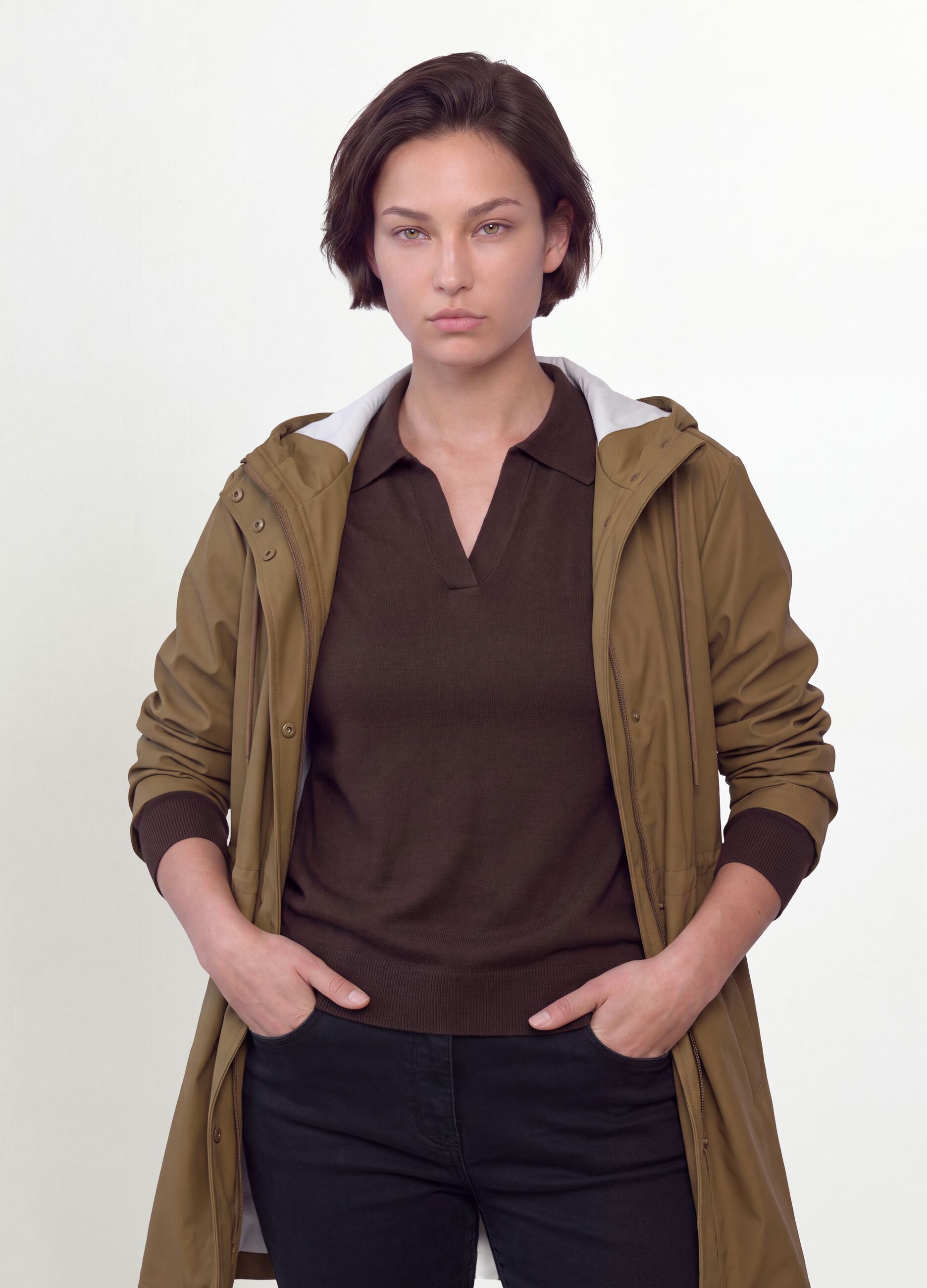 Brown rain jacket with hood, zip and snap buttons, regular fit