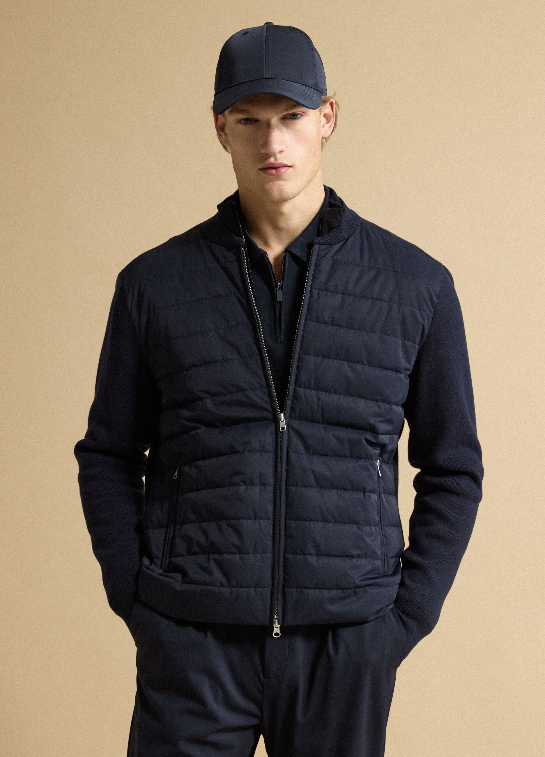 Blue pure cotton zip jacket with knitted sleeves, regular fit