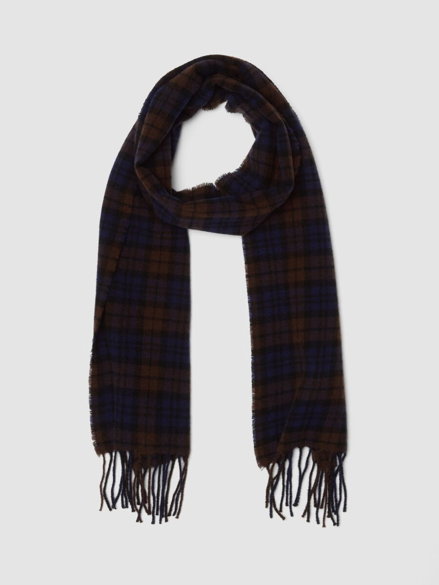 Blue pure wool checked scarf with fringes_0