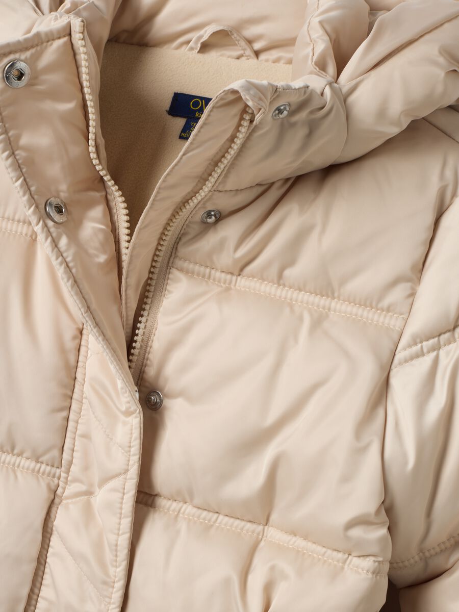 Beige long padded puffer coat with hood and belt_2