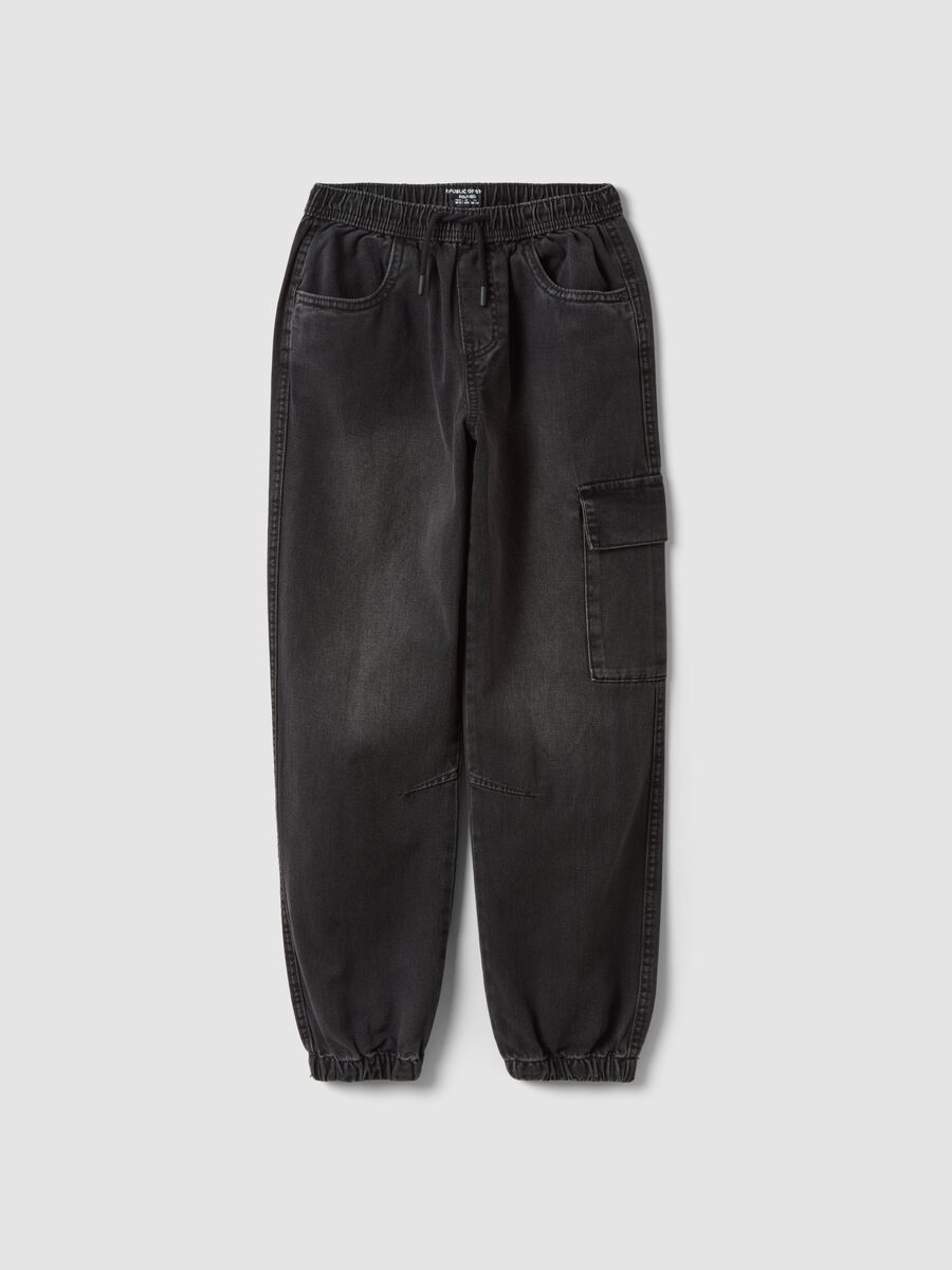 Black pure cotton denim joggers with cargo pockets, relaxed fit_0