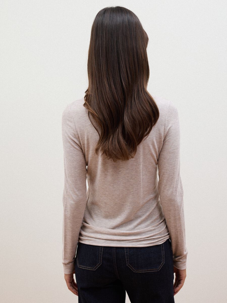 Beige modal and stretch wool T-shirt with raised collar, regular fit_3