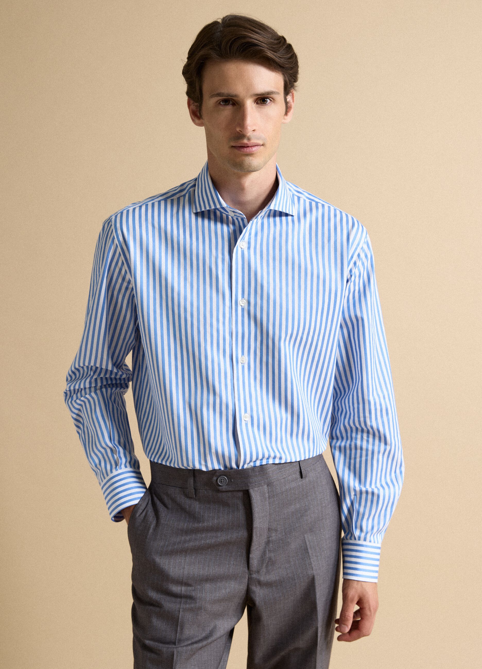 Blue and white striped pure cotton regular-fit shirt