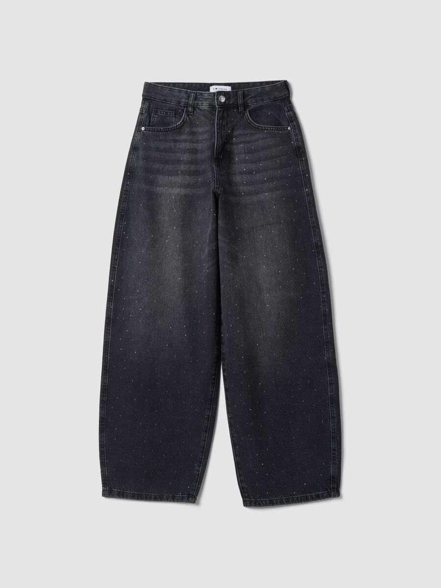 Black pure-cotton skater-fit jeans with rhinestones_0